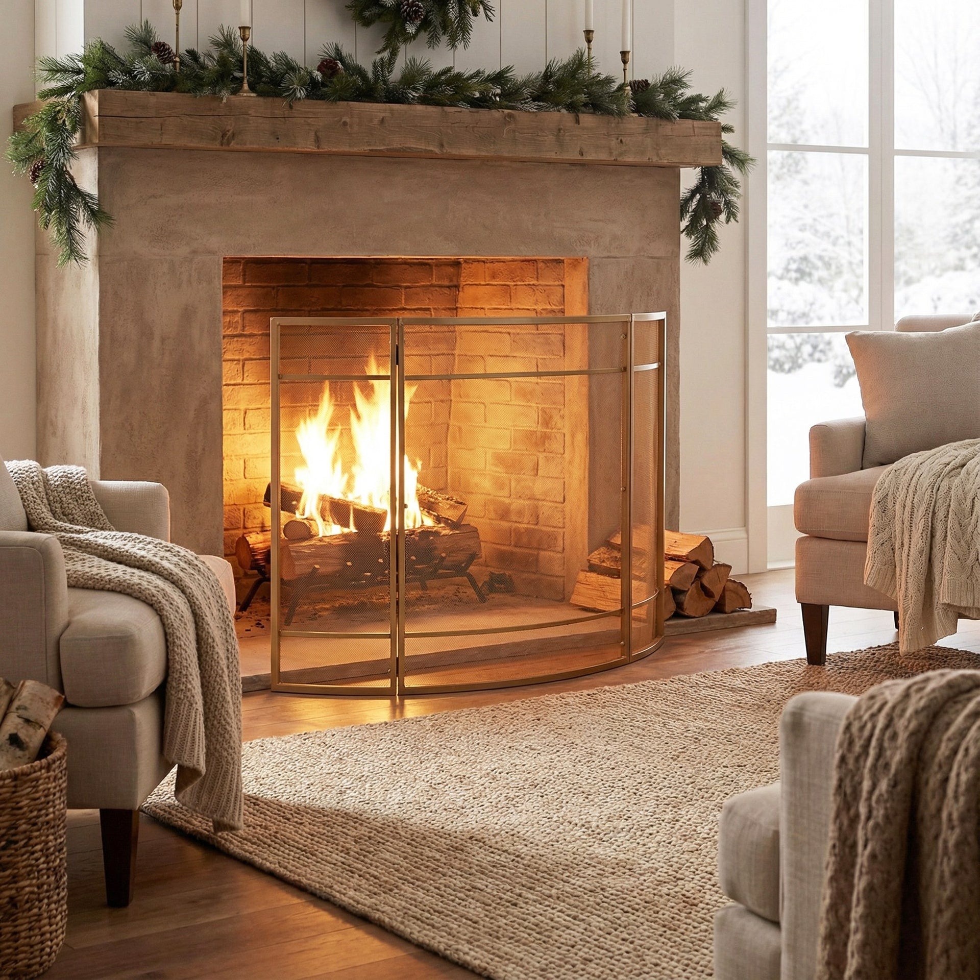 Regina 1-Panel Curve Iron Fireplace Screen 38" x 32", Golden Finish