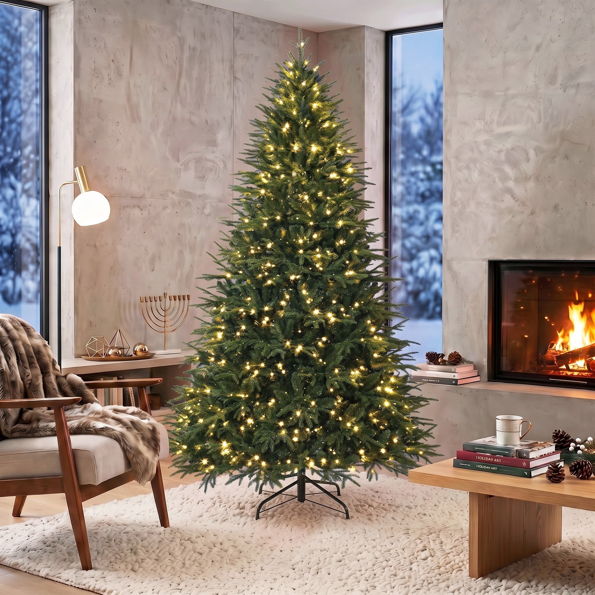 HOMCOM 7.5ft Pre-lit Classic Artificial Christmas Tree with 3,719 Branch Tips 1000 Warm White LED Lights, Green