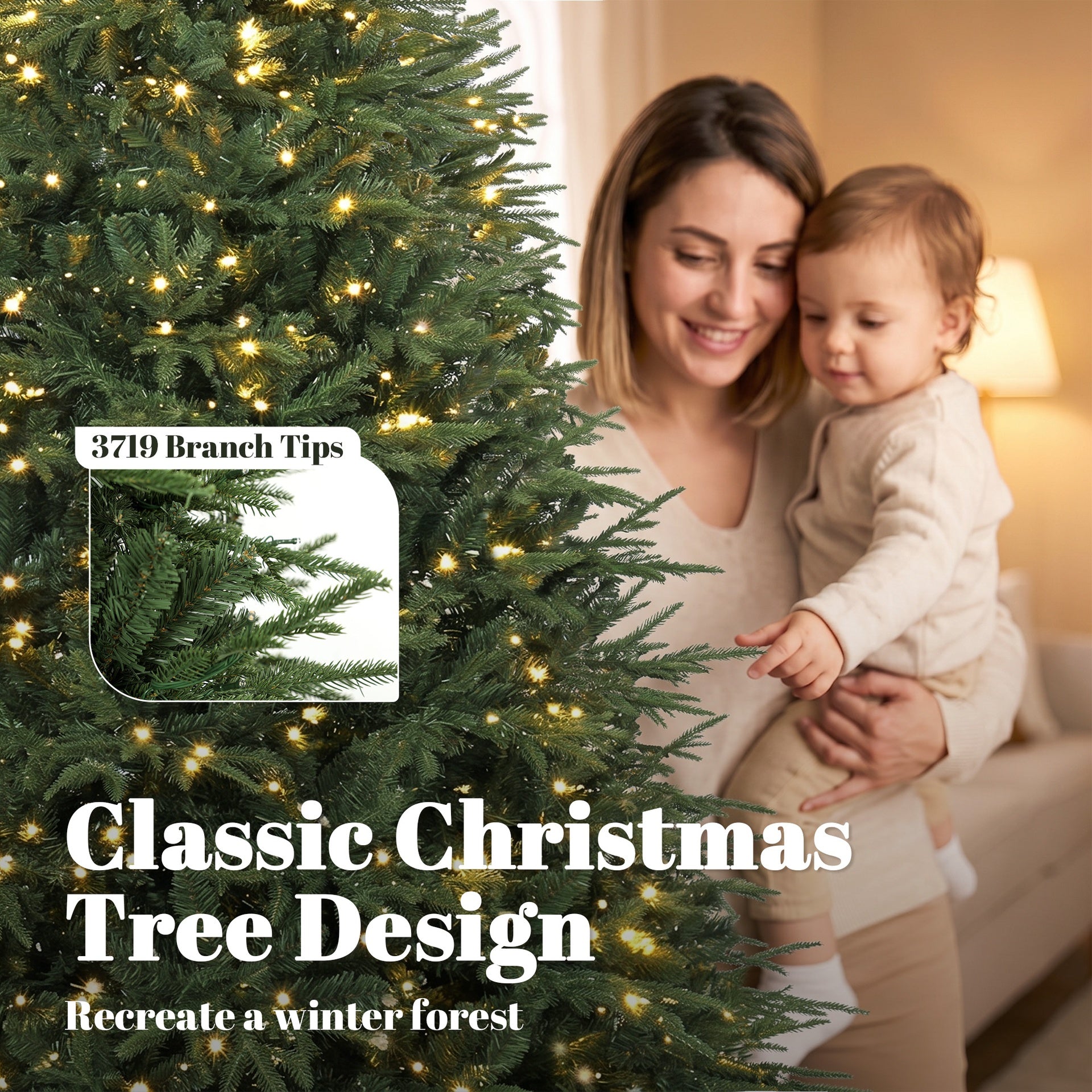 HOMCOM 7.5ft Pre-lit Classic Artificial Christmas Tree with 3,719 Branch Tips 1000 Warm White LED Lights, Green