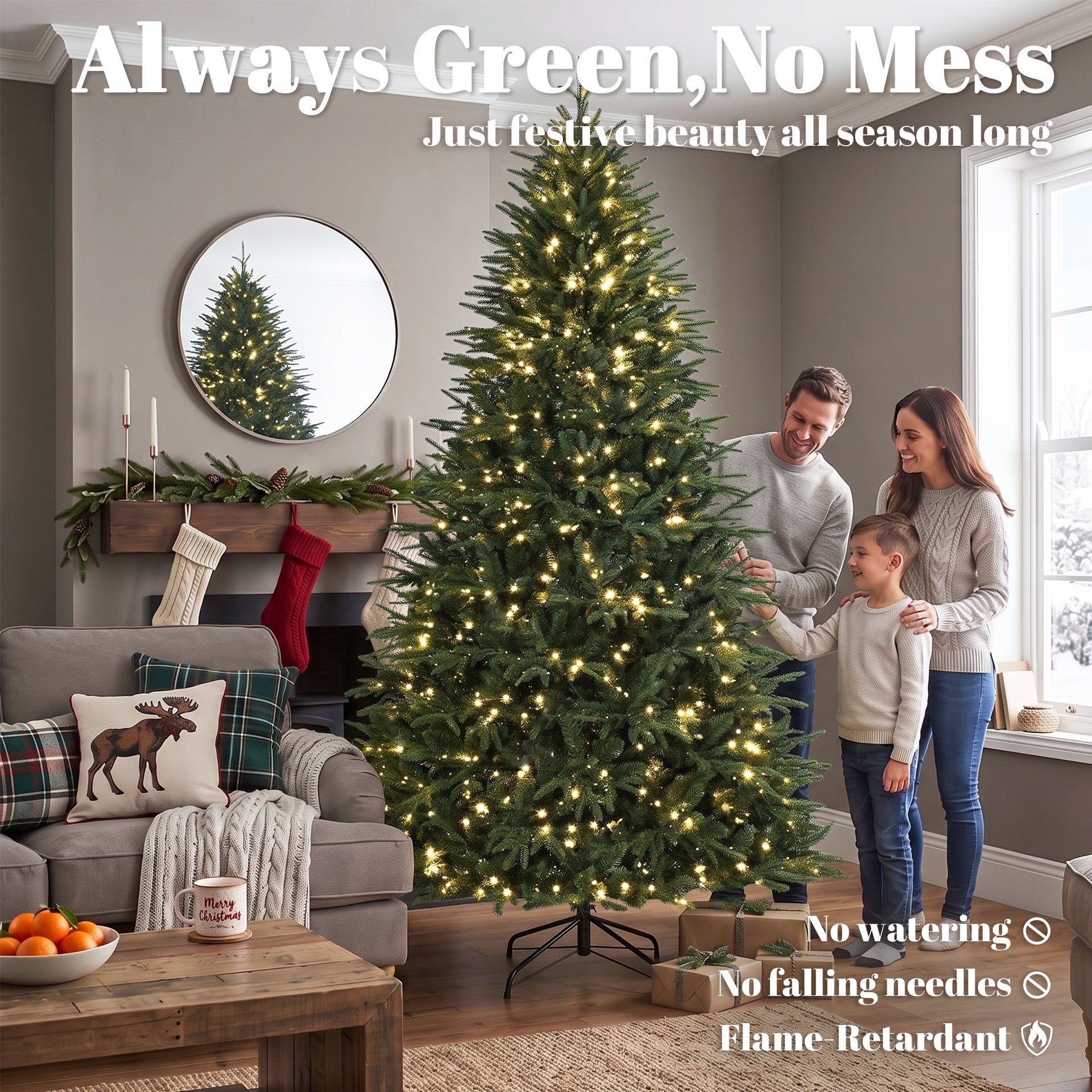 HOMCOM 7.5ft Pre-lit Classic Artificial Christmas Tree with 3,719 Branch Tips 1000 Warm White LED Lights, Green