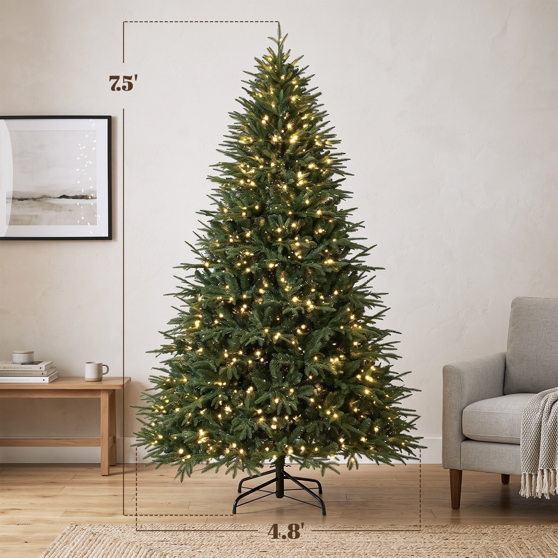 HOMCOM 7.5ft Pre-lit Classic Artificial Christmas Tree with 3,719 Branch Tips 1000 Warm White LED Lights, Green