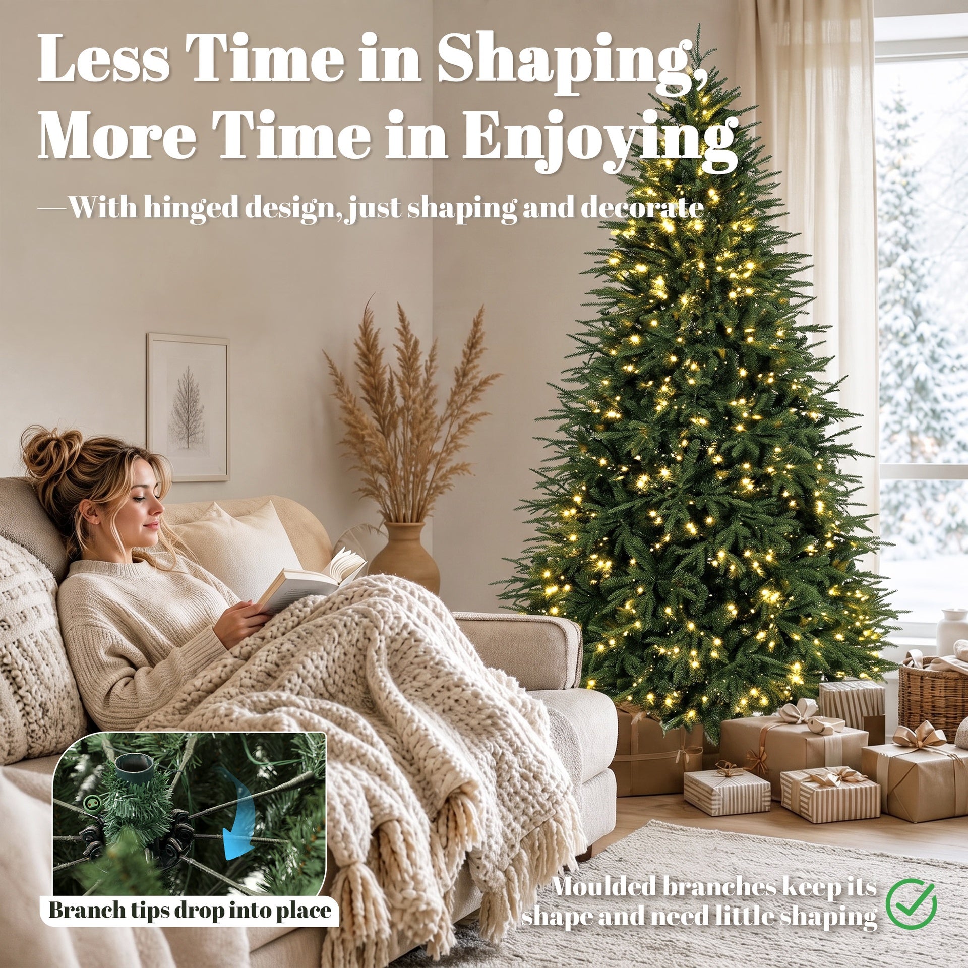 HOMCOM 7.5ft Pre-lit Classic Artificial Christmas Tree with 3,719 Branch Tips 1000 Warm White LED Lights, Green