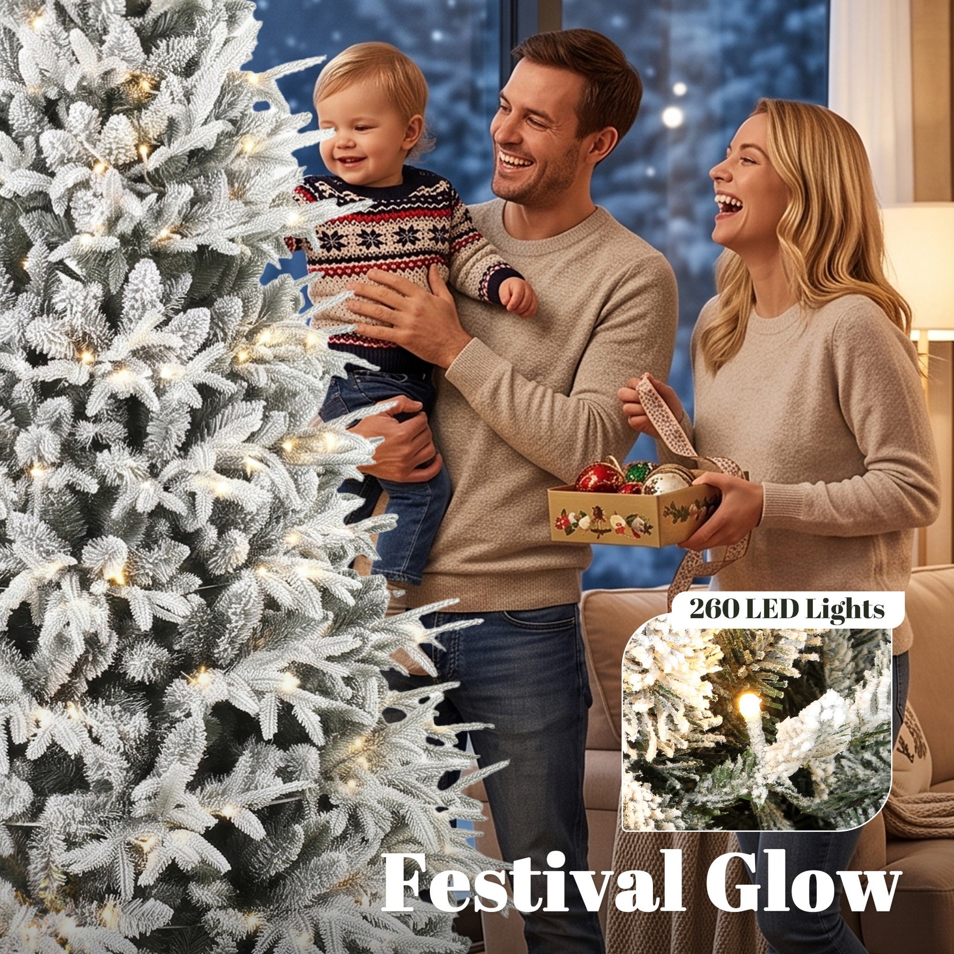 HOMCOM 6ft Flocked Prelit Christmas Tree, Hinged Xmas Tree with 2015 Tips, 260 Warm White LED Lights, Green White