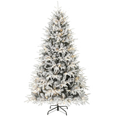 HOMCOM 6ft Flocked Prelit Christmas Tree, Hinged Xmas Tree with 2015 Tips, 260 Warm White LED Lights, Green White