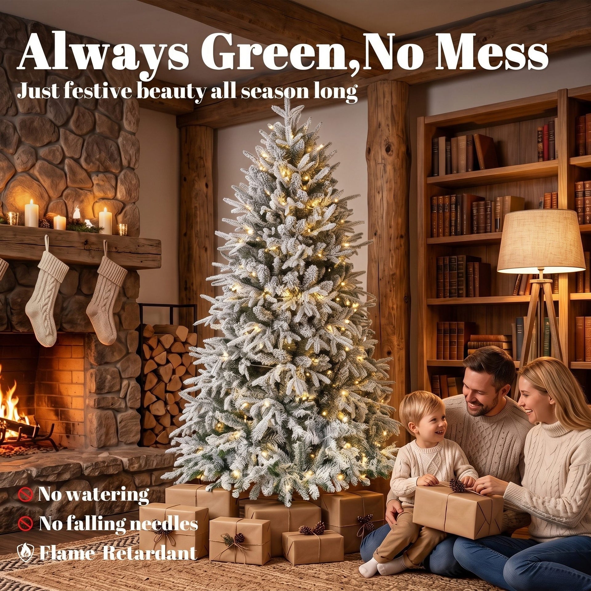 HOMCOM 6ft Flocked Prelit Christmas Tree, Hinged Xmas Tree with 2015 Tips, 260 Warm White LED Lights, Green White