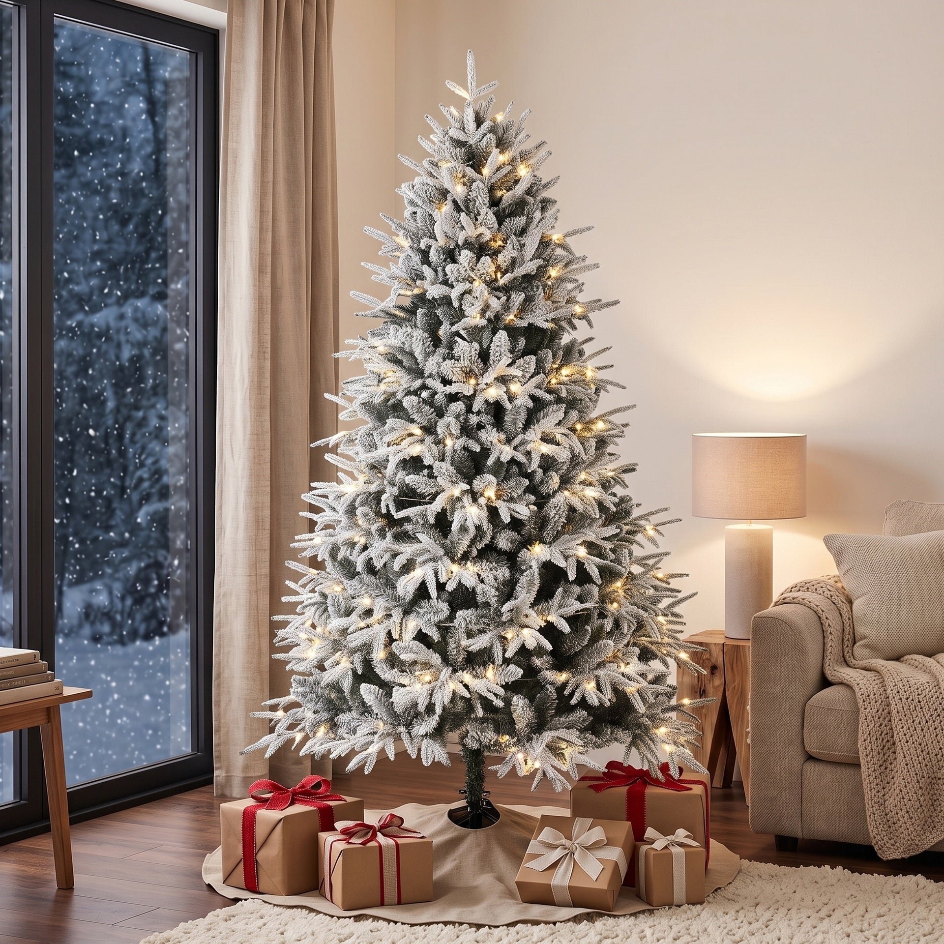 HOMCOM 6ft Flocked Prelit Christmas Tree, Hinged Xmas Tree with 2015 Tips, 260 Warm White LED Lights, Green White