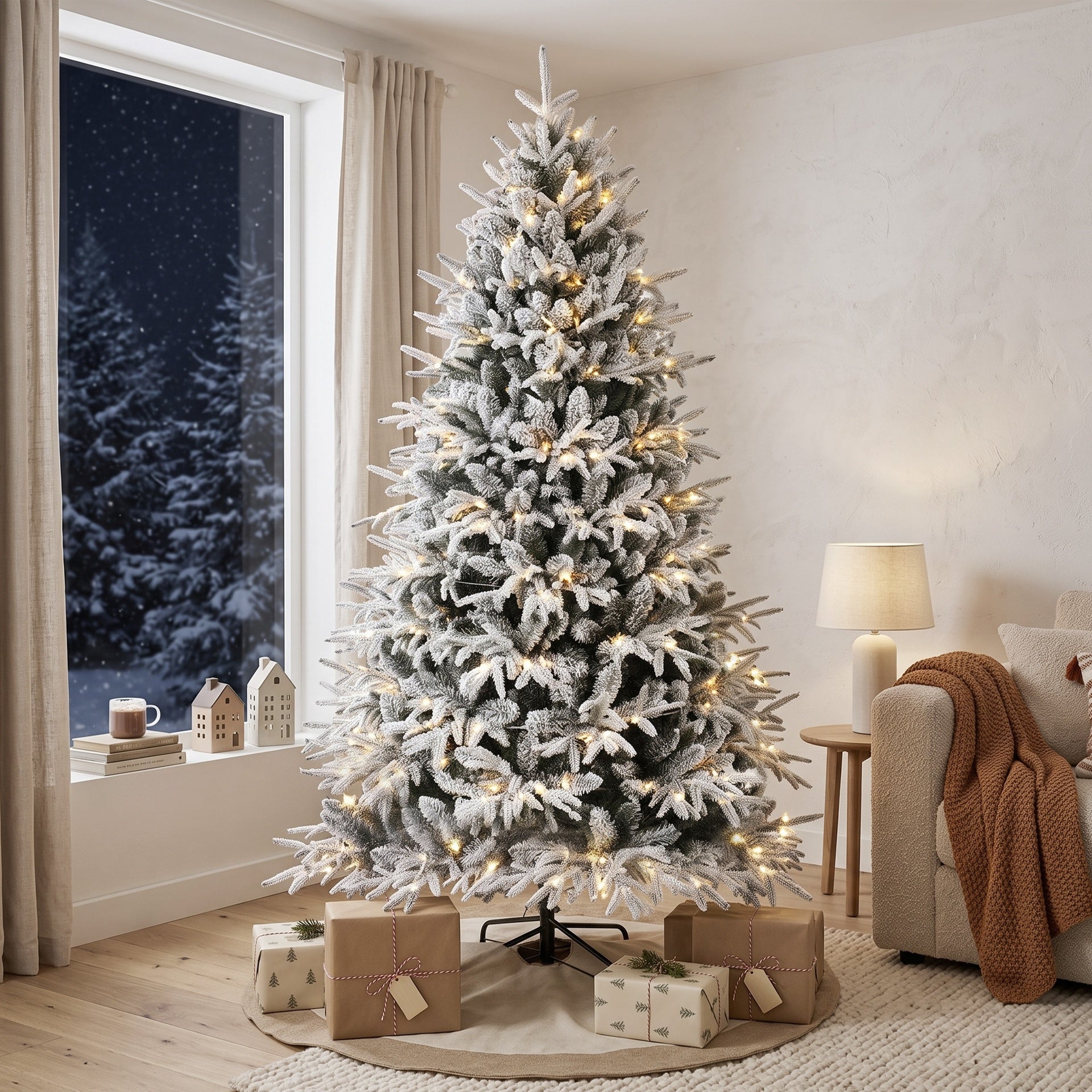 HOMCOM 7ft Flocked Prelit Christmas Tree, Hinged Xmas Tree with 2679 Tips, 350 Warm White LED Lights, Green White