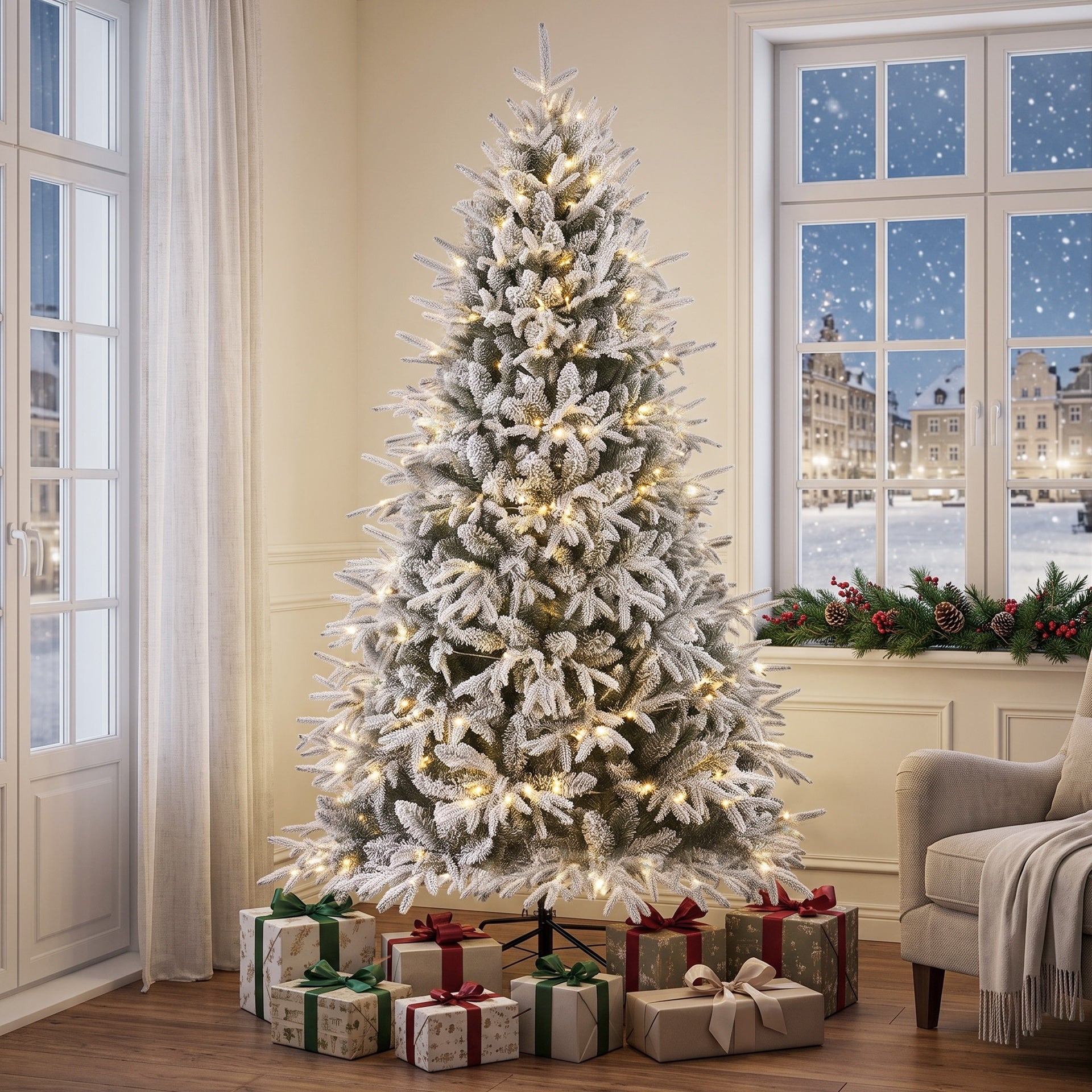 HOMCOM 7ft Flocked Prelit Christmas Tree, Hinged Xmas Tree with 2679 Tips, 350 Warm White LED Lights, Green White