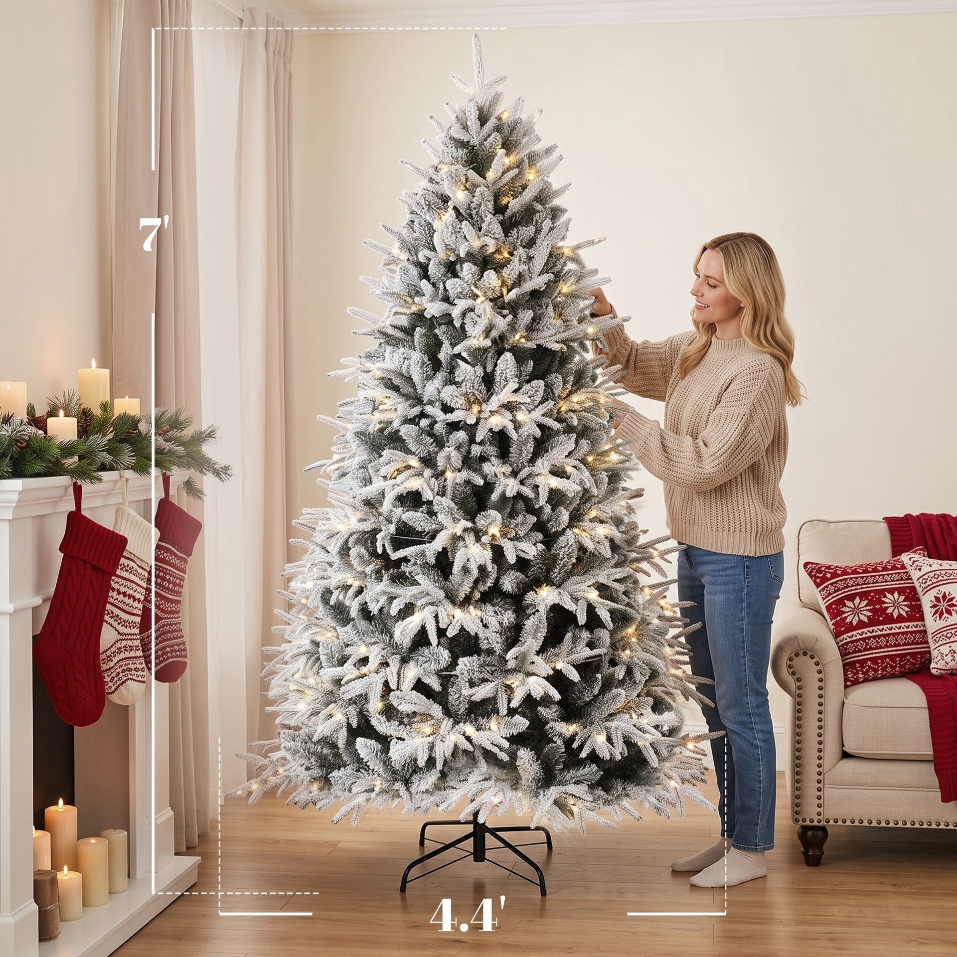 HOMCOM 7ft Flocked Prelit Christmas Tree, Hinged Xmas Tree with 2679 Tips, 350 Warm White LED Lights, Green White