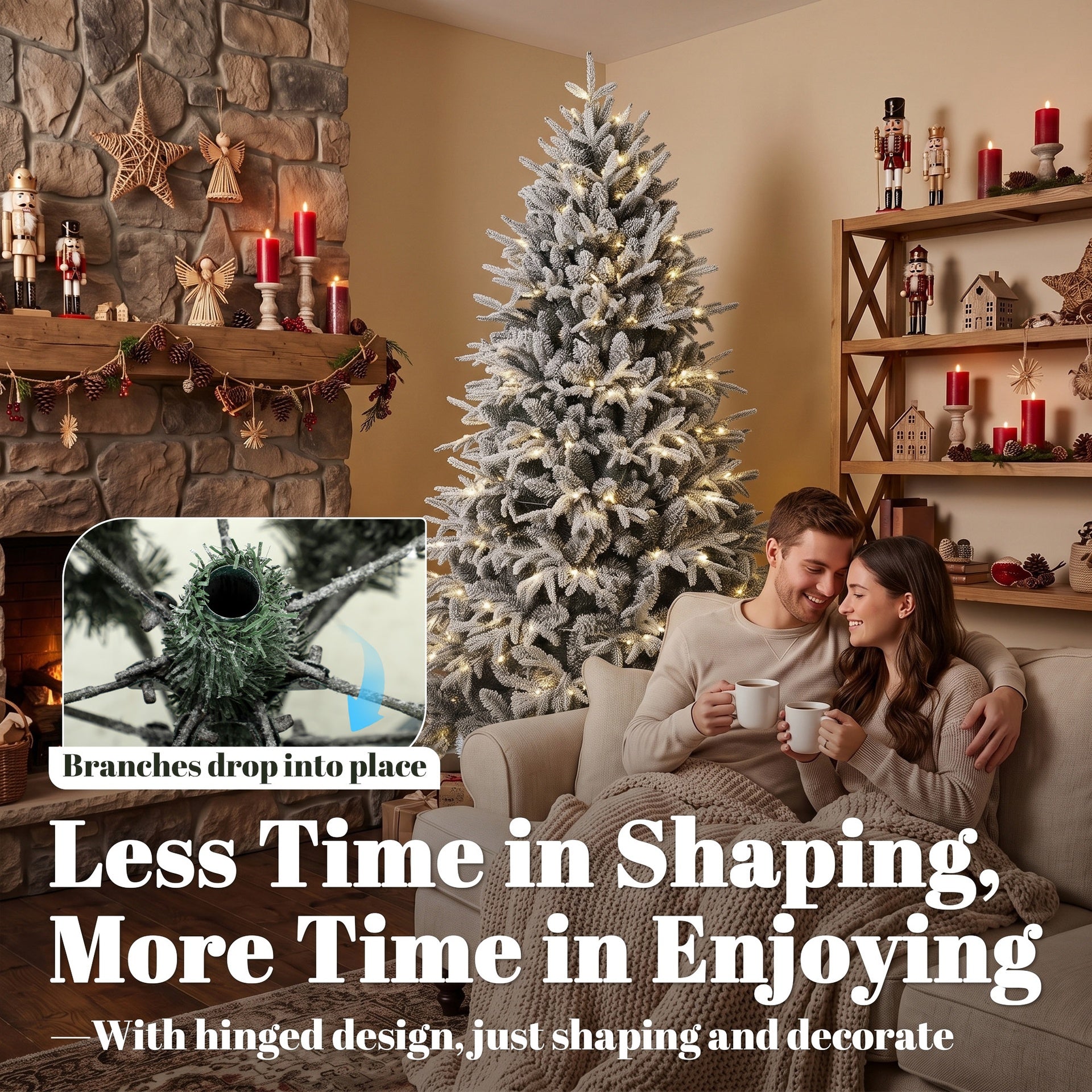 HOMCOM 7ft Flocked Prelit Christmas Tree, Hinged Xmas Tree with 2679 Tips, 350 Warm White LED Lights, Green White