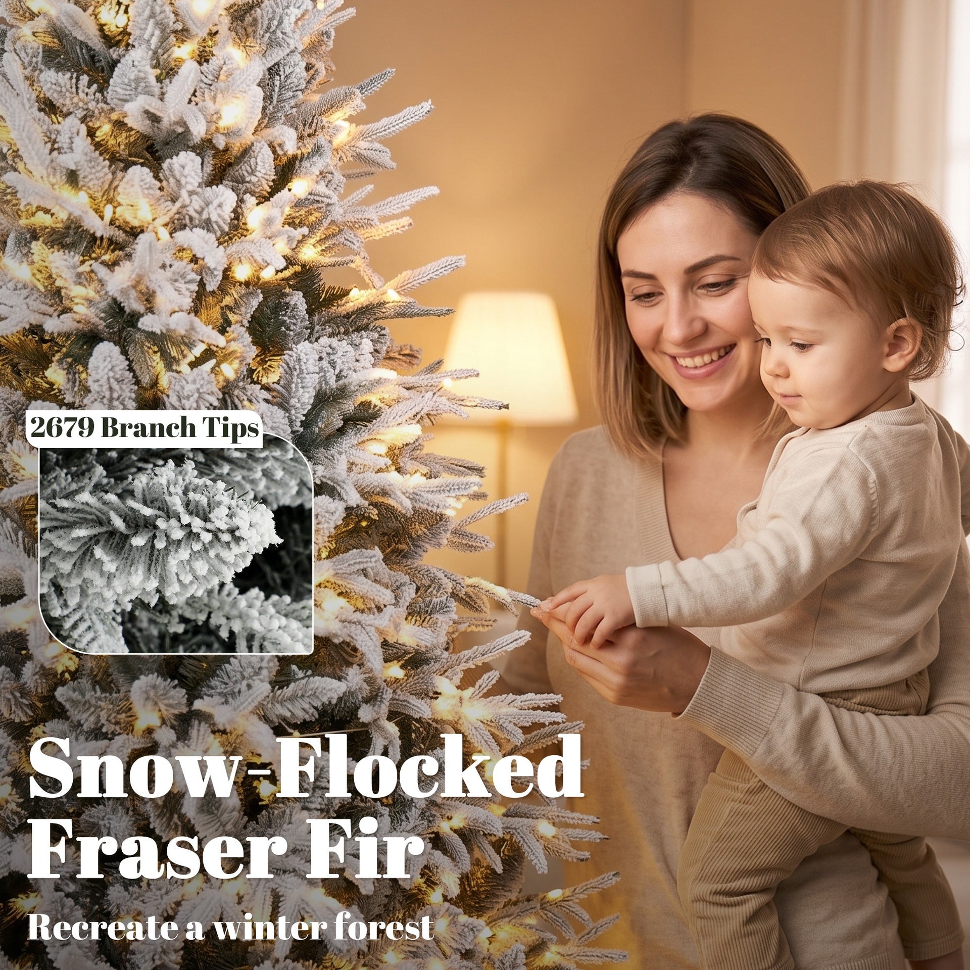 HOMCOM 7ft Flocked Prelit Christmas Tree, Hinged Xmas Tree with 2679 Tips, 350 Warm White LED Lights, Green White