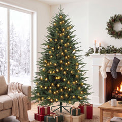 HOMCOM 6ft Prelit Christmas Tree, Wide Artificial Hinged Xmas Tree with 300 Warm White LED Lights, 2345 Tips, Green