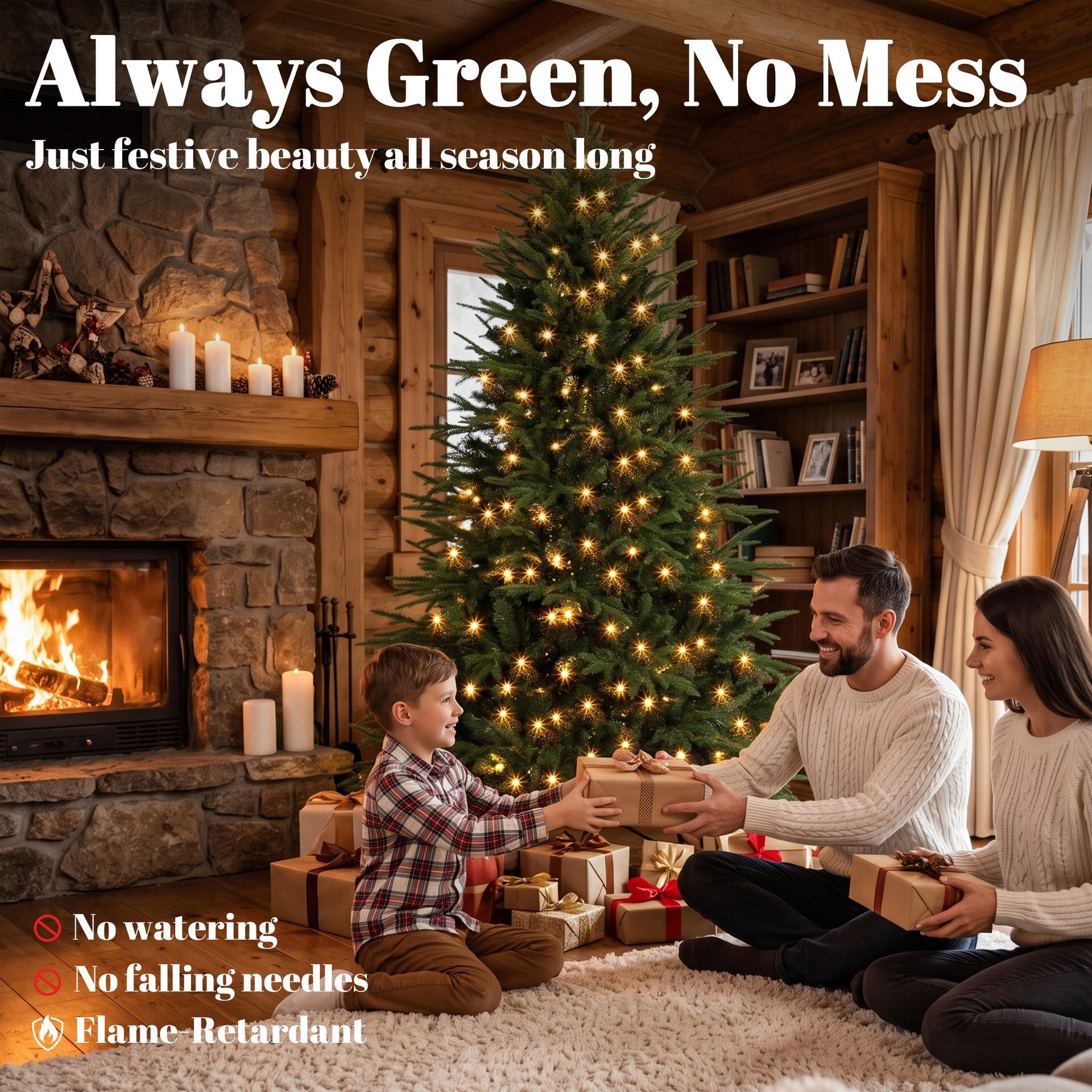 HOMCOM 6ft Prelit Christmas Tree, Wide Artificial Hinged Xmas Tree with 300 Warm White LED Lights, 2345 Tips, Green