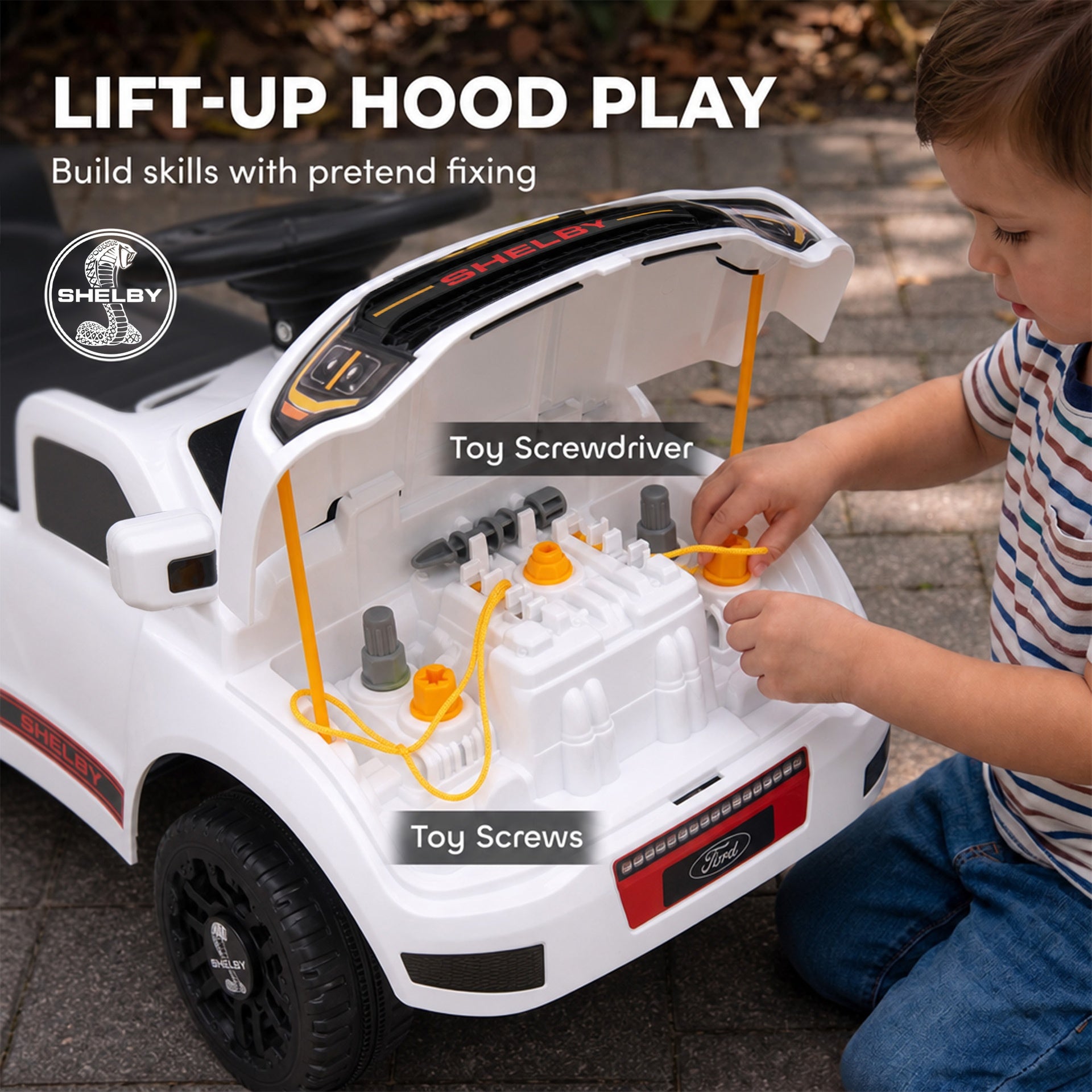 Qaba 3-in-1 Push Car for 1-3, Licensed FORD Shelby Sliding Walking Car with Parent Handle, Canopy, Guardrail, Storage, White