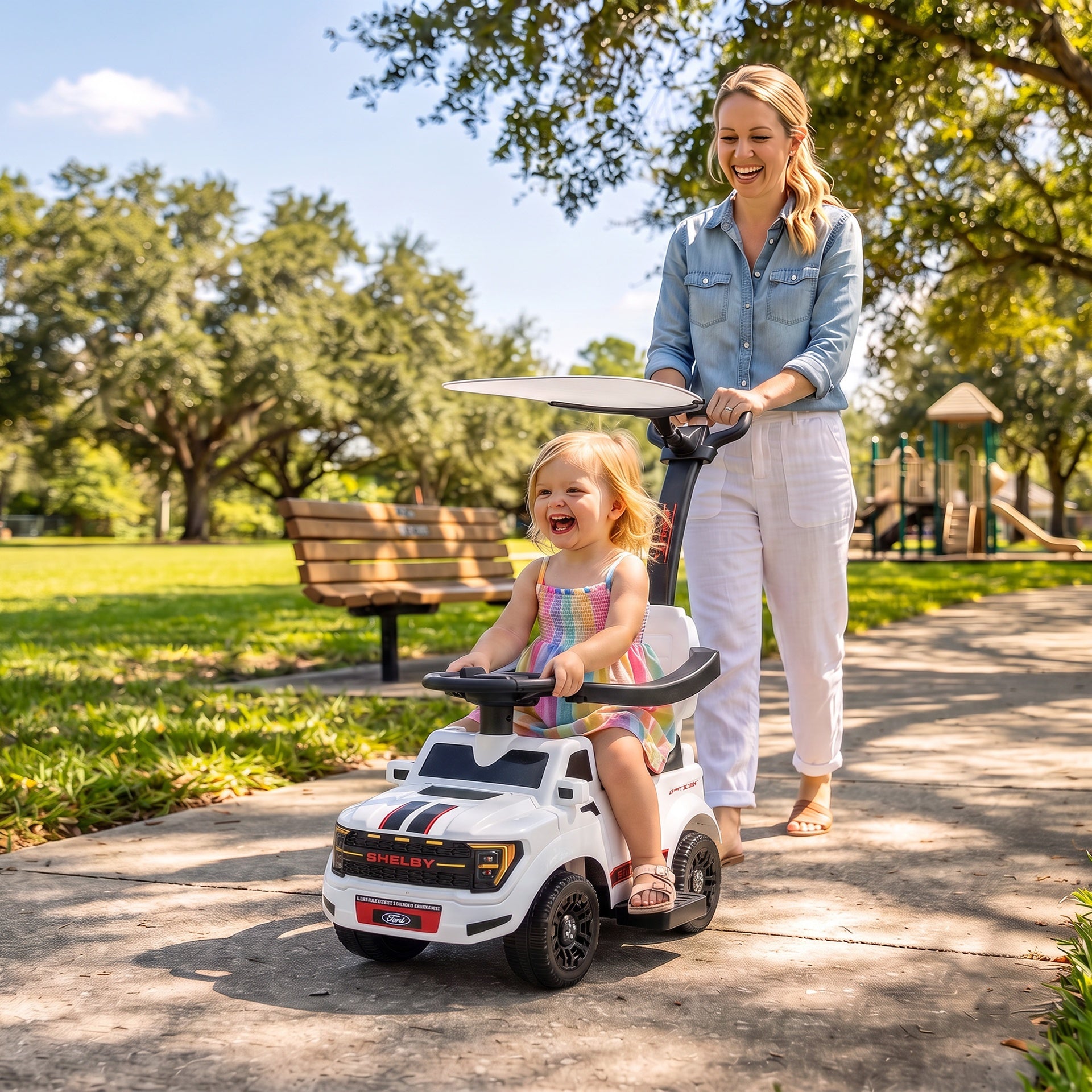 Qaba 3-in-1 Push Car for 1-3, Licensed FORD Shelby Sliding Walking Car with Parent Handle, Canopy, Guardrail, Storage, White