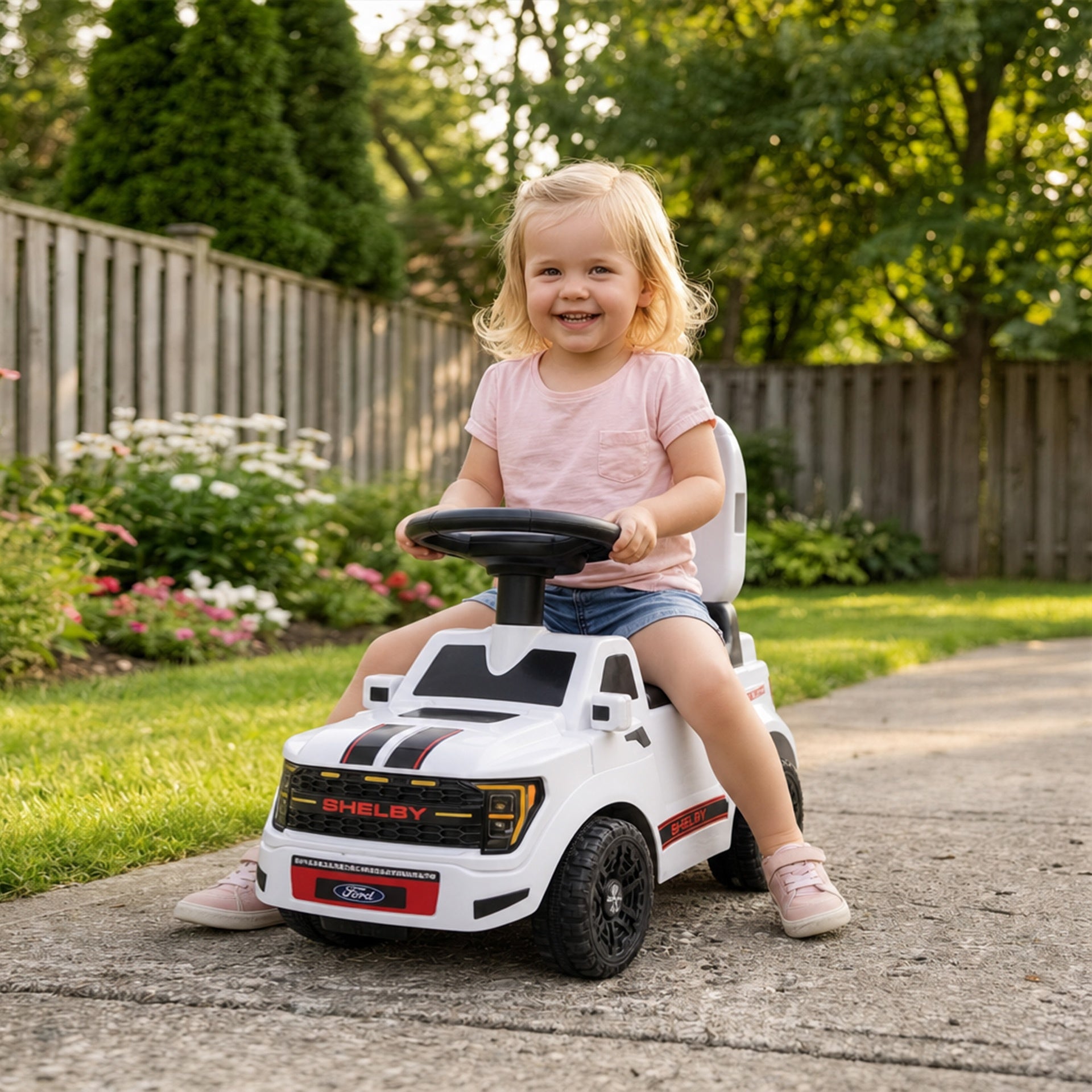 Qaba 3-in-1 Push Car for 1-3, Licensed FORD Shelby Sliding Walking Car with Parent Handle, Canopy, Guardrail, Storage, White