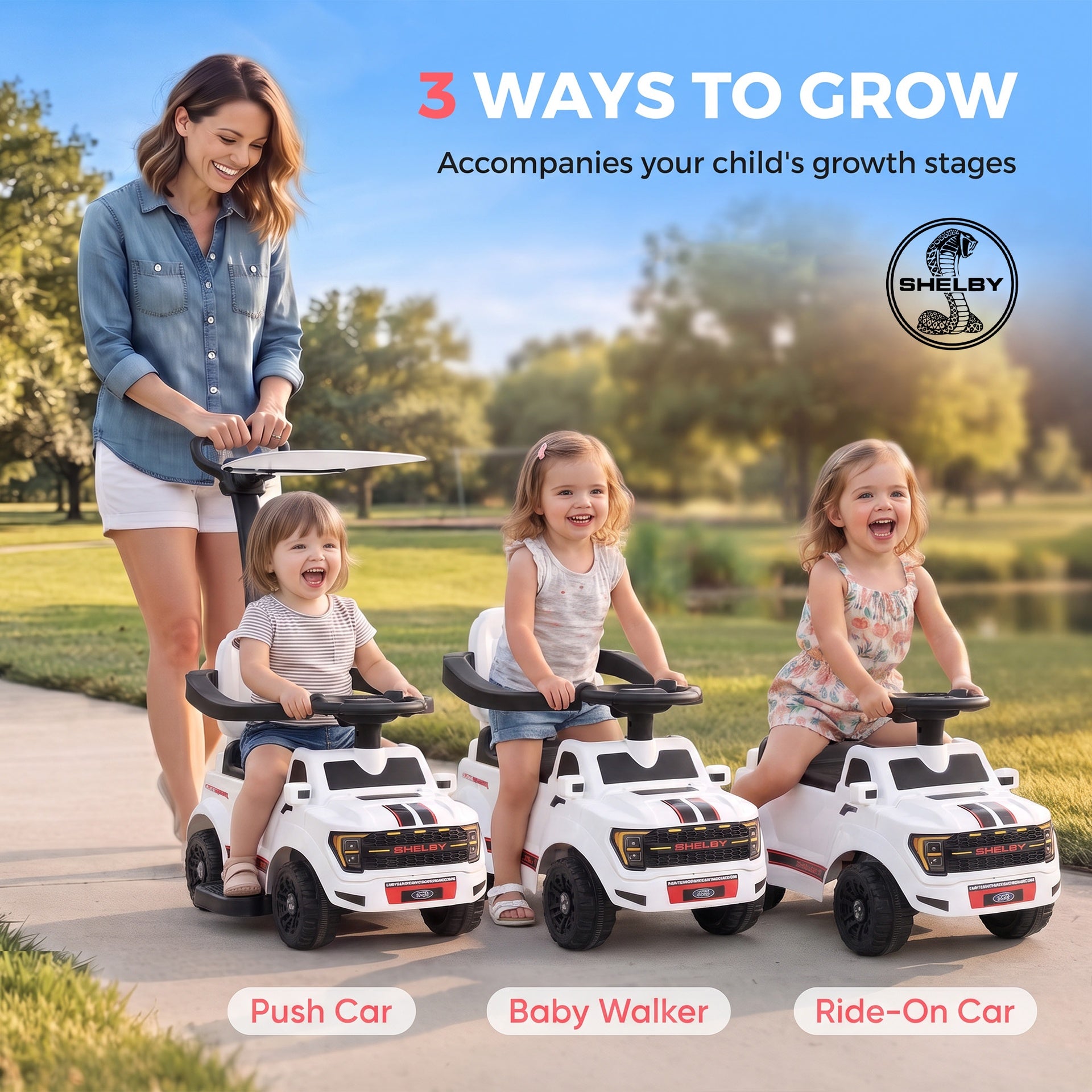 Qaba 3-in-1 Push Car for 1-3, Licensed FORD Shelby Sliding Walking Car with Parent Handle, Canopy, Guardrail, Storage, White