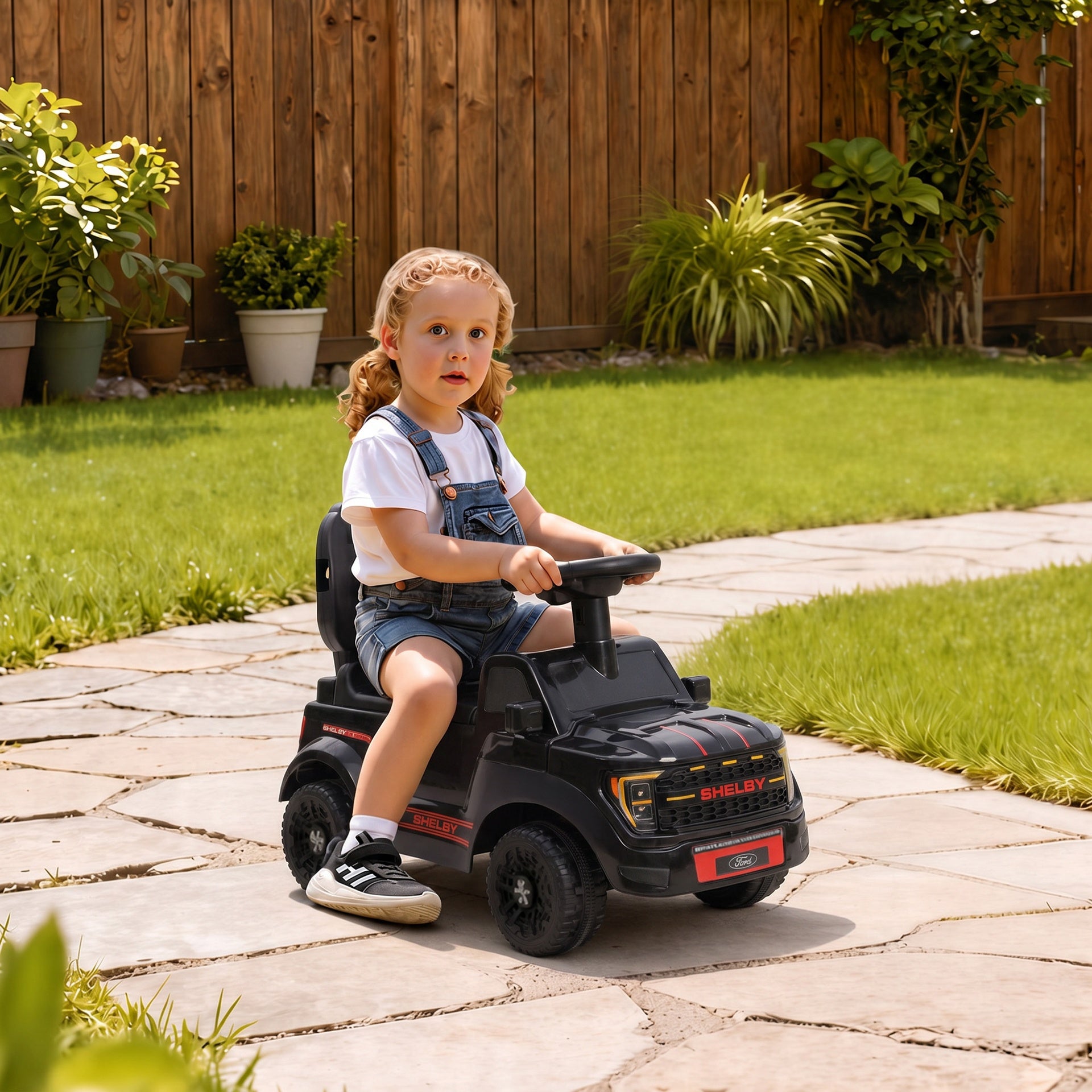 Qaba 3-in-1 Push Car for 1-3, Licensed FORD Shelby Sliding Walking Car with Parent Handle, Canopy, Guardrail, Storage, Black