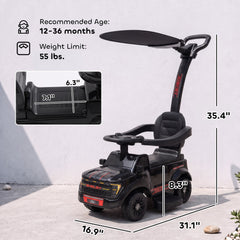 Qaba 3-in-1 Push Car for 1-3, Licensed FORD Shelby Sliding Walking Car with Parent Handle, Canopy, Guardrail, Storage, Black
