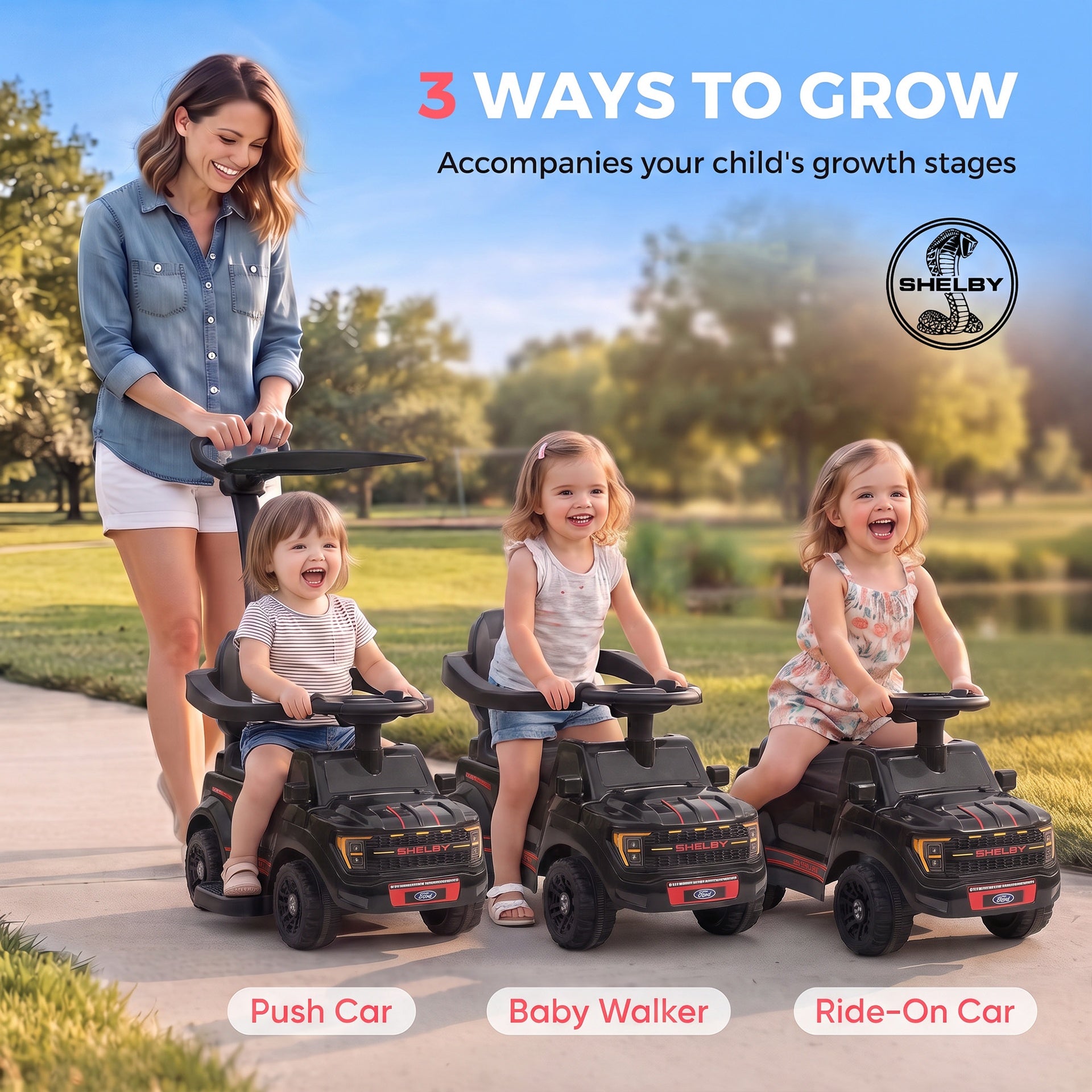 Qaba 3-in-1 Push Car for 1-3, Licensed FORD Shelby Sliding Walking Car with Parent Handle, Canopy, Guardrail, Storage, Black