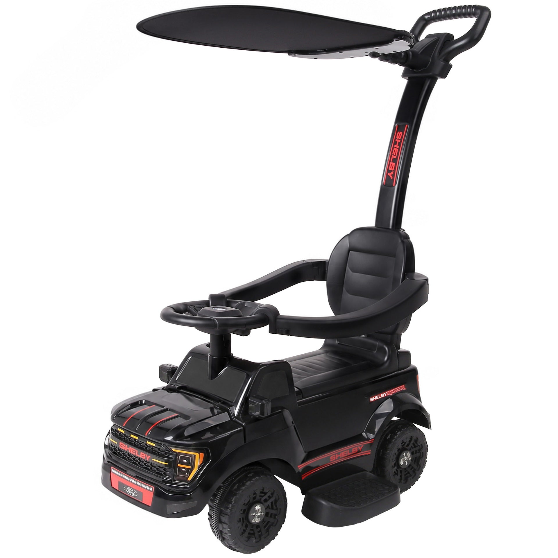 Qaba 3-in-1 Push Car for 1-3, Licensed FORD Shelby Sliding Walking Car with Parent Handle, Canopy, Guardrail, Storage, Black
