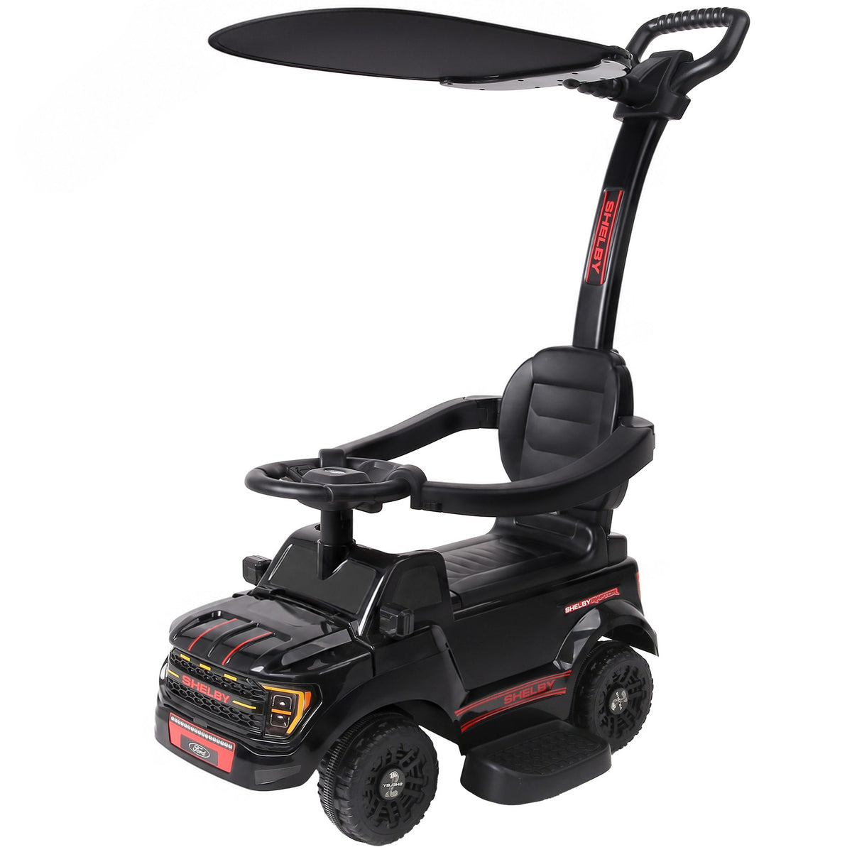Qaba 3-in-1 Push Car for 1-3, Licensed FORD Shelby Sliding Walking Car with Parent Handle, Canopy, Guardrail, Storage, Black