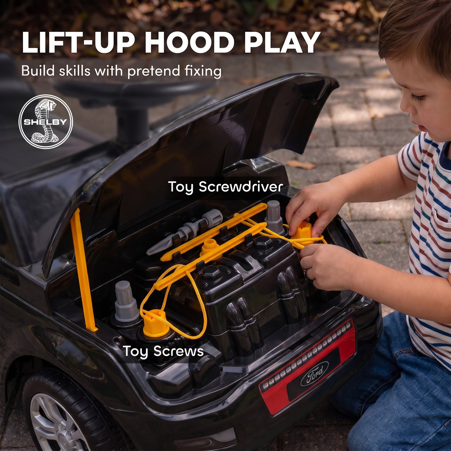 Qaba 3-in-1 Push Car for 1-3, Licensed FORD Shelby Sliding Walking Car with Parent Handle, Canopy, Guardrail, Storage, Black