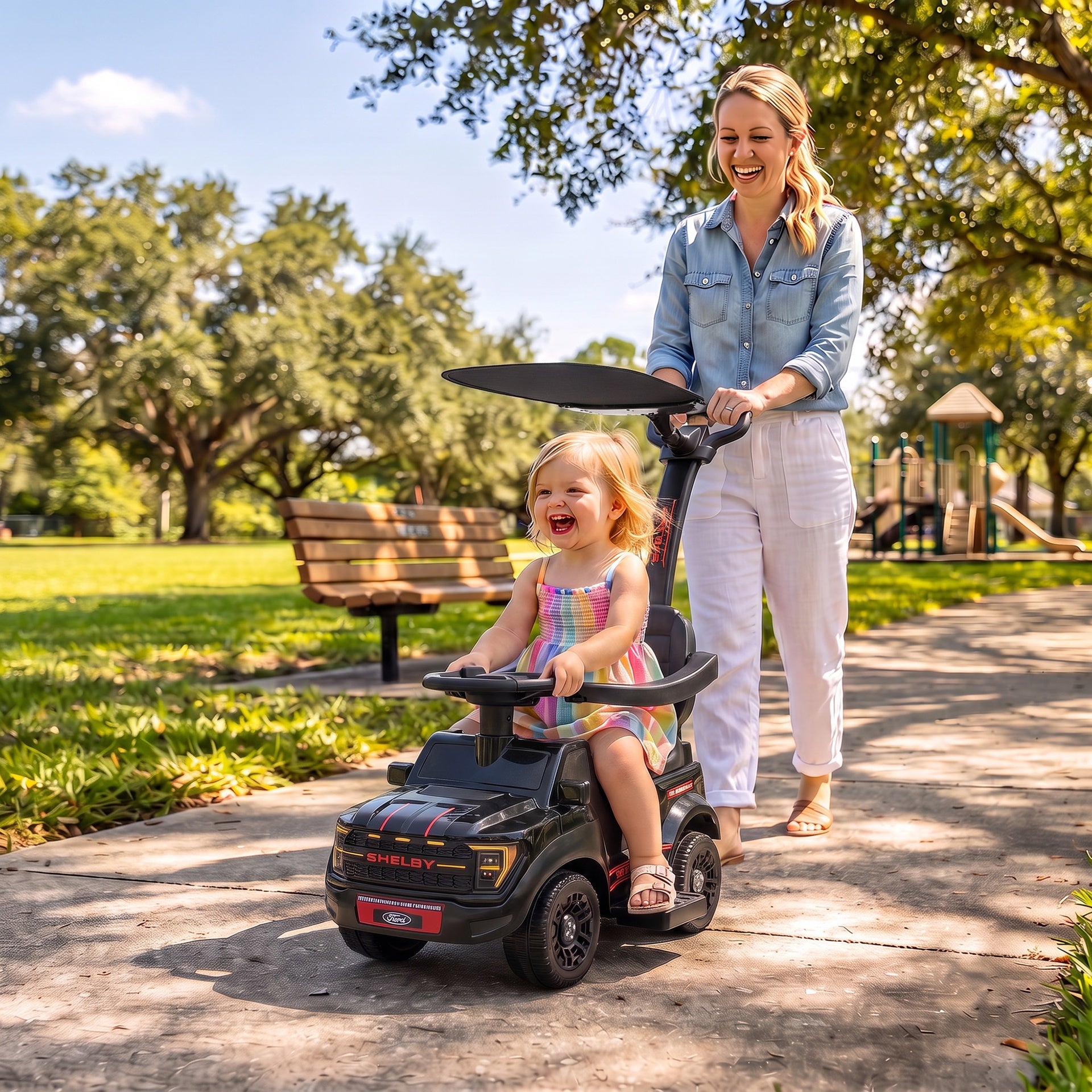 Qaba 3-in-1 Push Car for 1-3, Licensed FORD Shelby Sliding Walking Car with Parent Handle, Canopy, Guardrail, Storage, Black