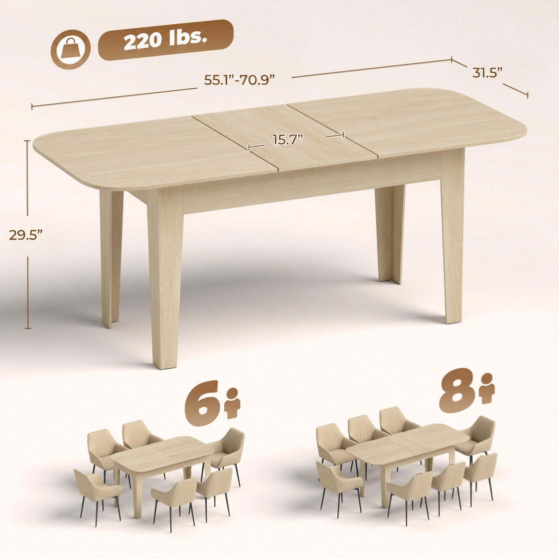 HOMCOM Extendable Oval Dining Table for 4-6, Farmhouse Expandable Kitchen Table, Round Edges, Oak