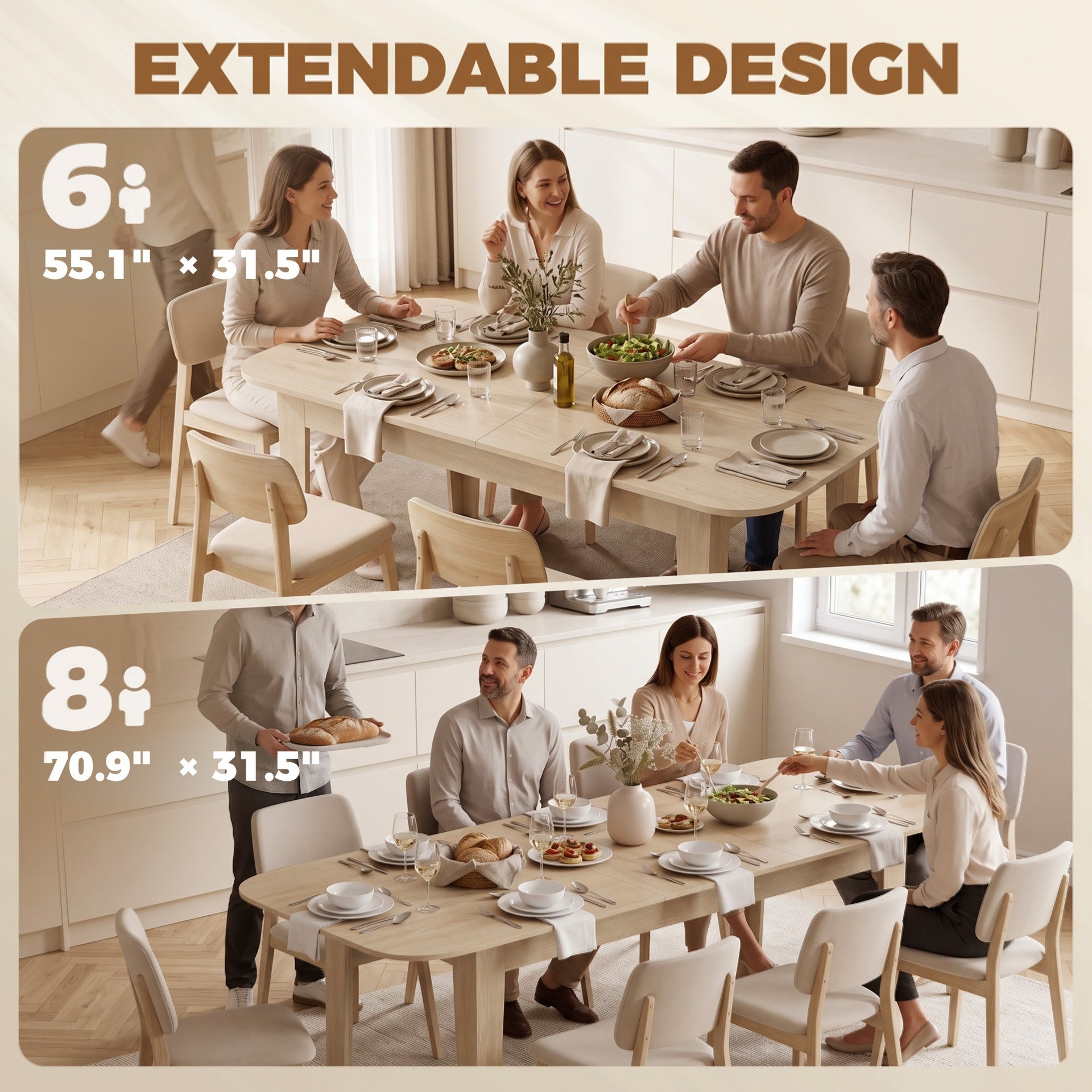 HOMCOM Extendable Oval Dining Table for 4-6, Farmhouse Expandable Kitchen Table, Round Edges, Oak