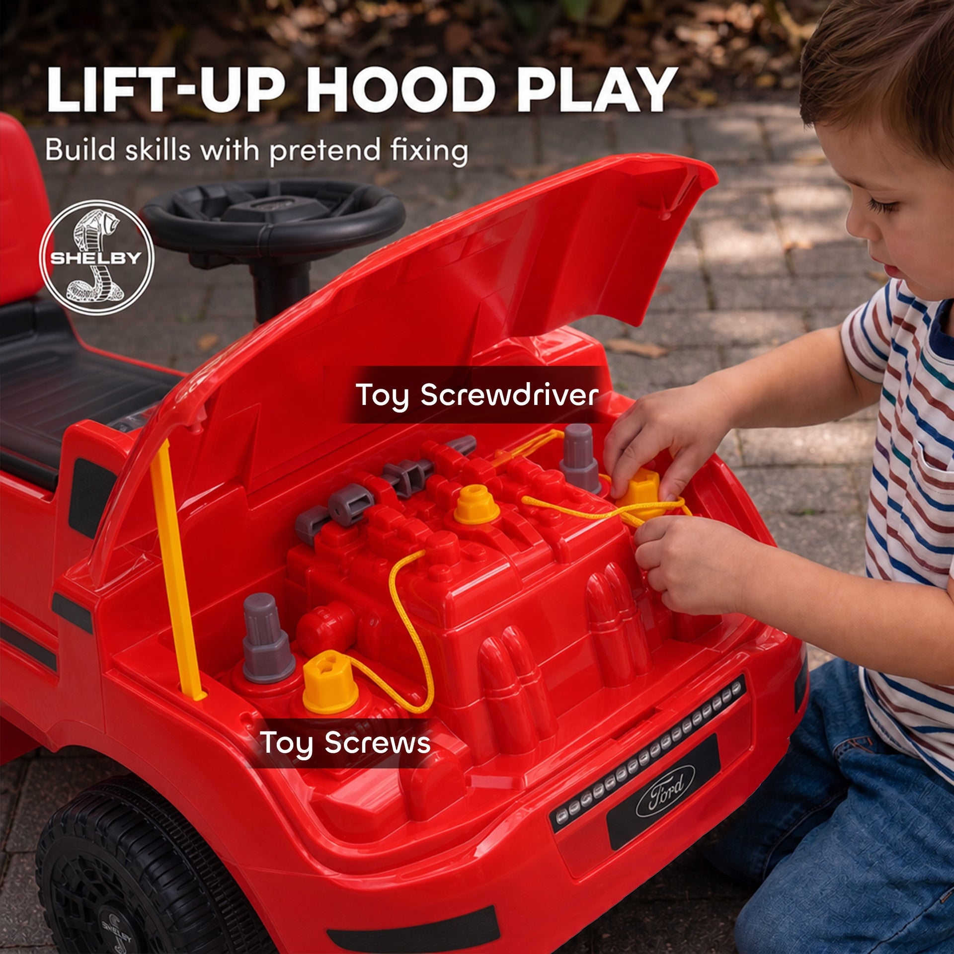 Qaba 3-in-1 Push Car for 1-3, Licensed FORD Shelby Sliding Walking Car with Parent Handle, Canopy, Guardrail, Storage, Red