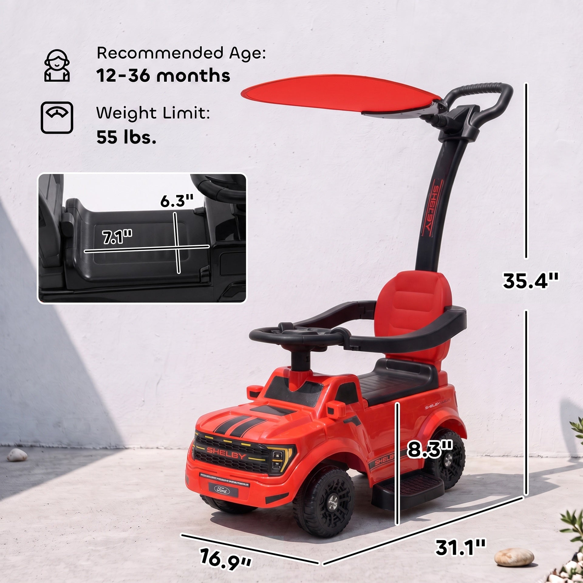 Qaba 3-in-1 Push Car for 1-3, Licensed FORD Shelby Sliding Walking Car with Parent Handle, Canopy, Guardrail, Storage, Red