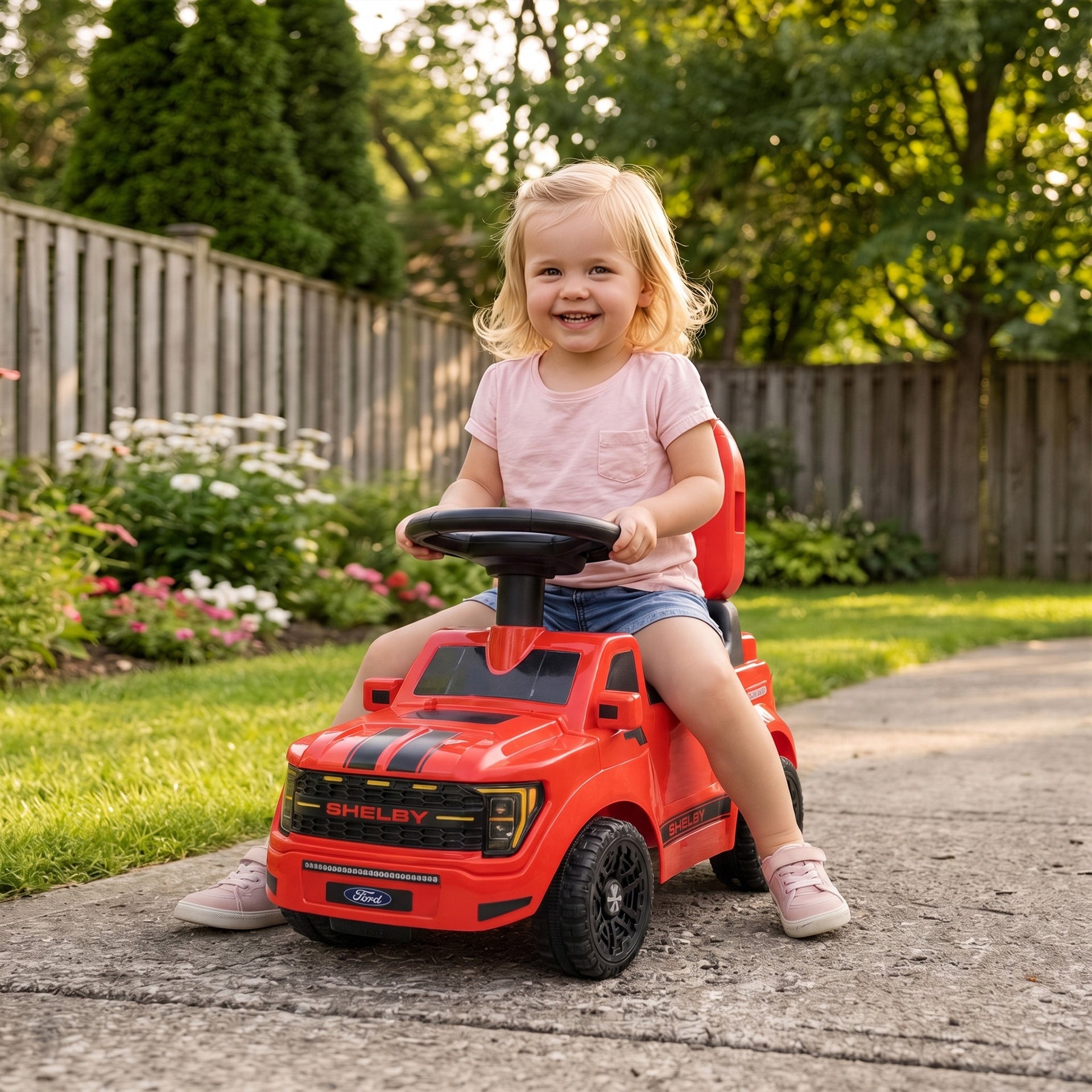 Qaba 3-in-1 Push Car for 1-3, Licensed FORD Shelby Sliding Walking Car with Parent Handle, Canopy, Guardrail, Storage, Red