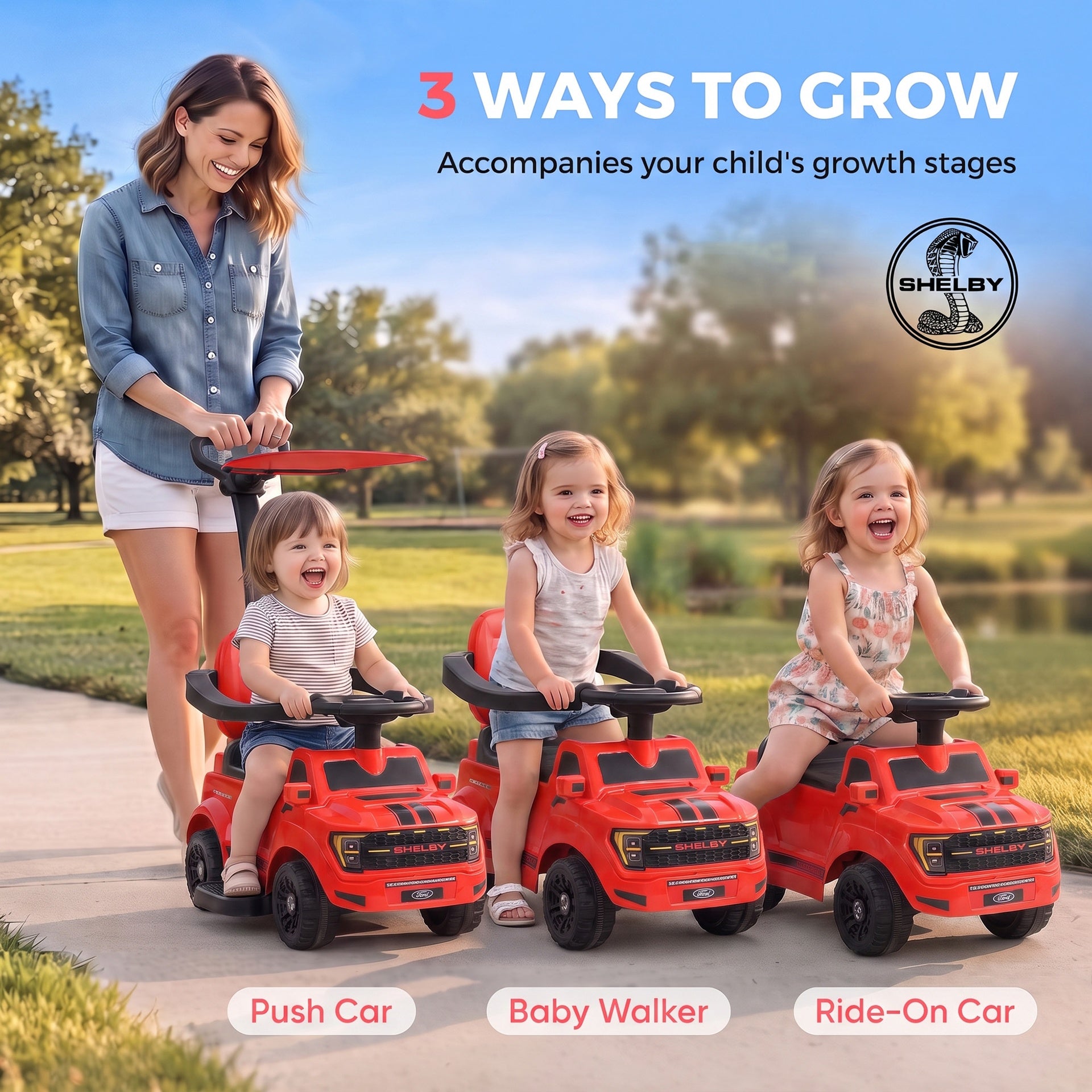 Qaba 3-in-1 Push Car for 1-3, Licensed FORD Shelby Sliding Walking Car with Parent Handle, Canopy, Guardrail, Storage, Red