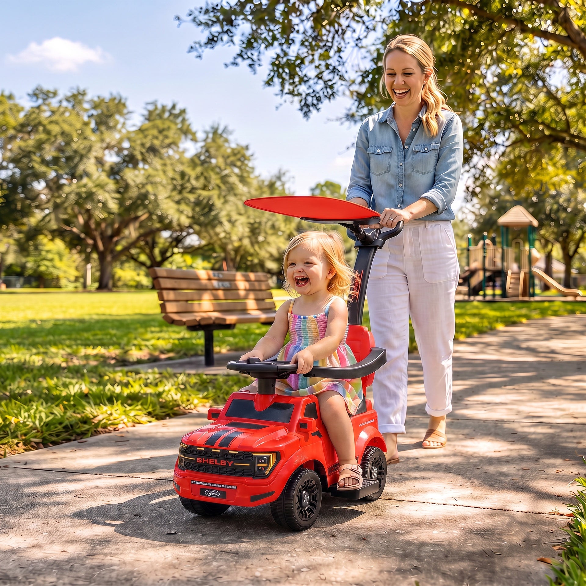 Qaba 3-in-1 Push Car for 1-3, Licensed FORD Shelby Sliding Walking Car with Parent Handle, Canopy, Guardrail, Storage, Red