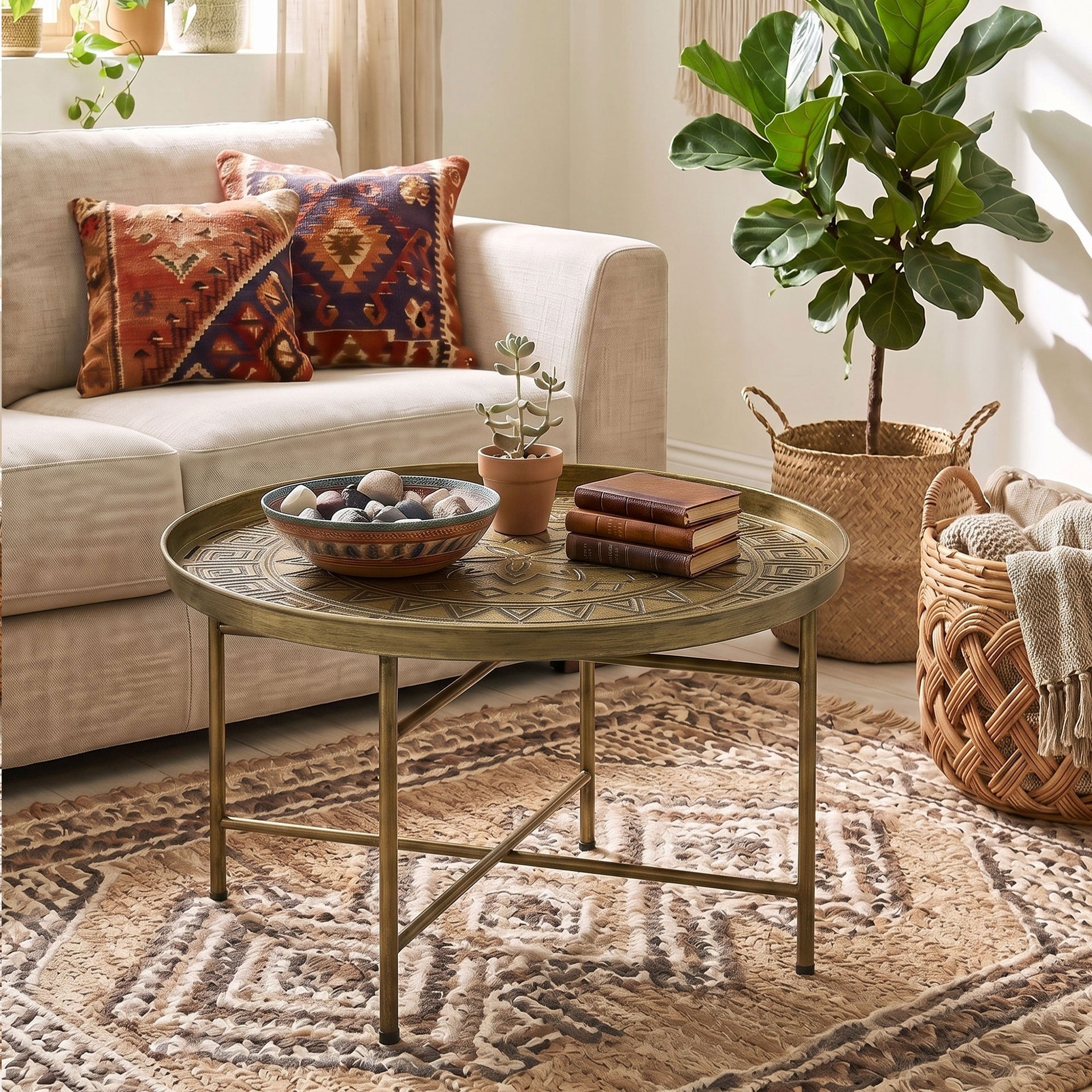 HOMCOM Coffee Table for Living Room, 24" Round Center Table with Hammered Tray Top and Metal Frame for Bedroom, Gold
