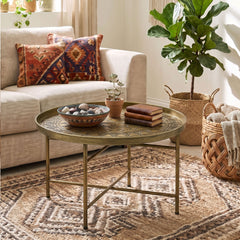 HOMCOM Coffee Table for Living Room, 24" Round Center Table with Hammered Tray Top and Metal Frame for Bedroom, Gold