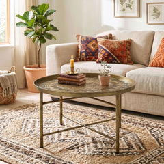 HOMCOM Coffee Table for Living Room, 24" Round Center Table with Hammered Tray Top and Metal Frame for Bedroom, Gold