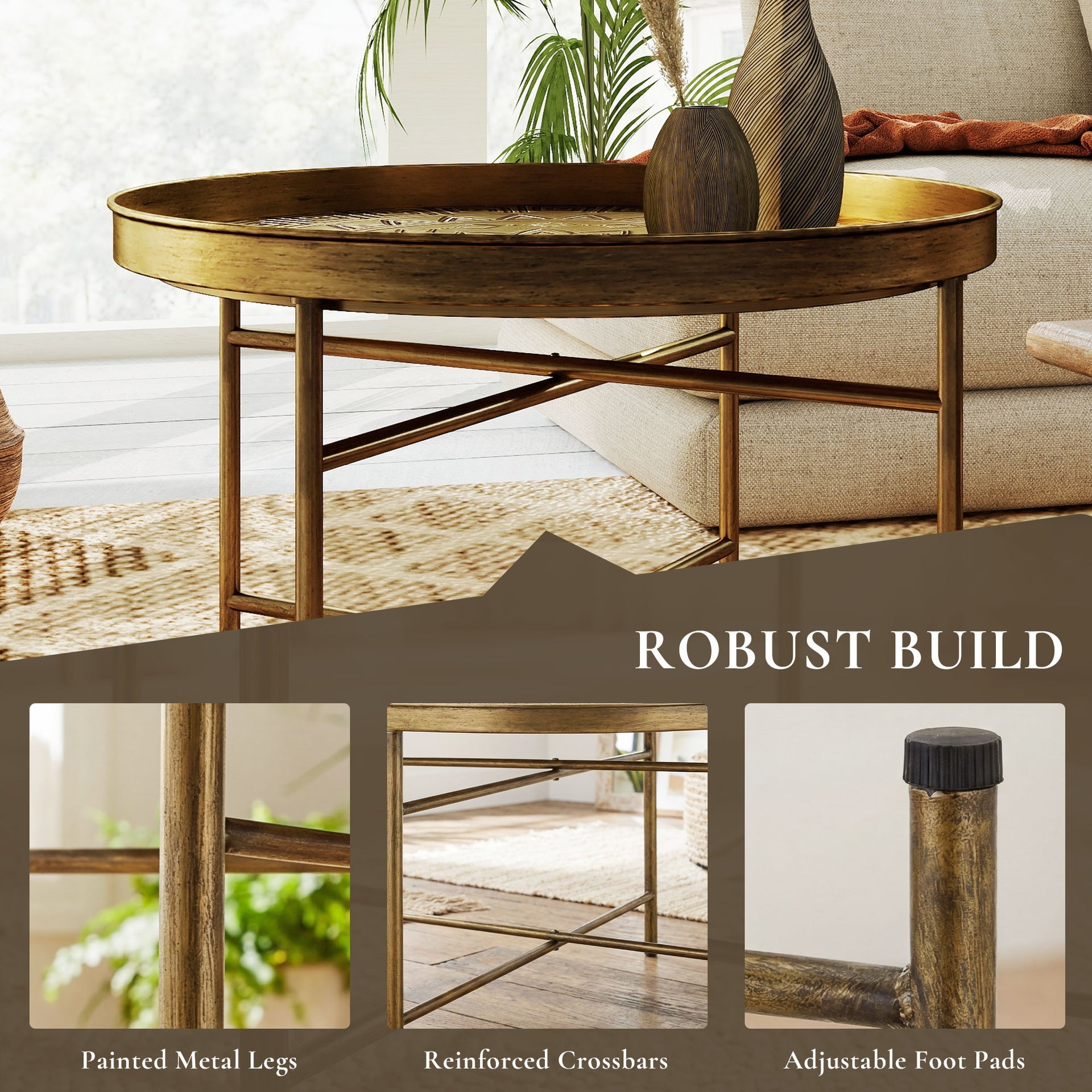 HOMCOM Coffee Table for Living Room, 24" Round Center Table with Hammered Tray Top and Metal Frame for Bedroom, Gold