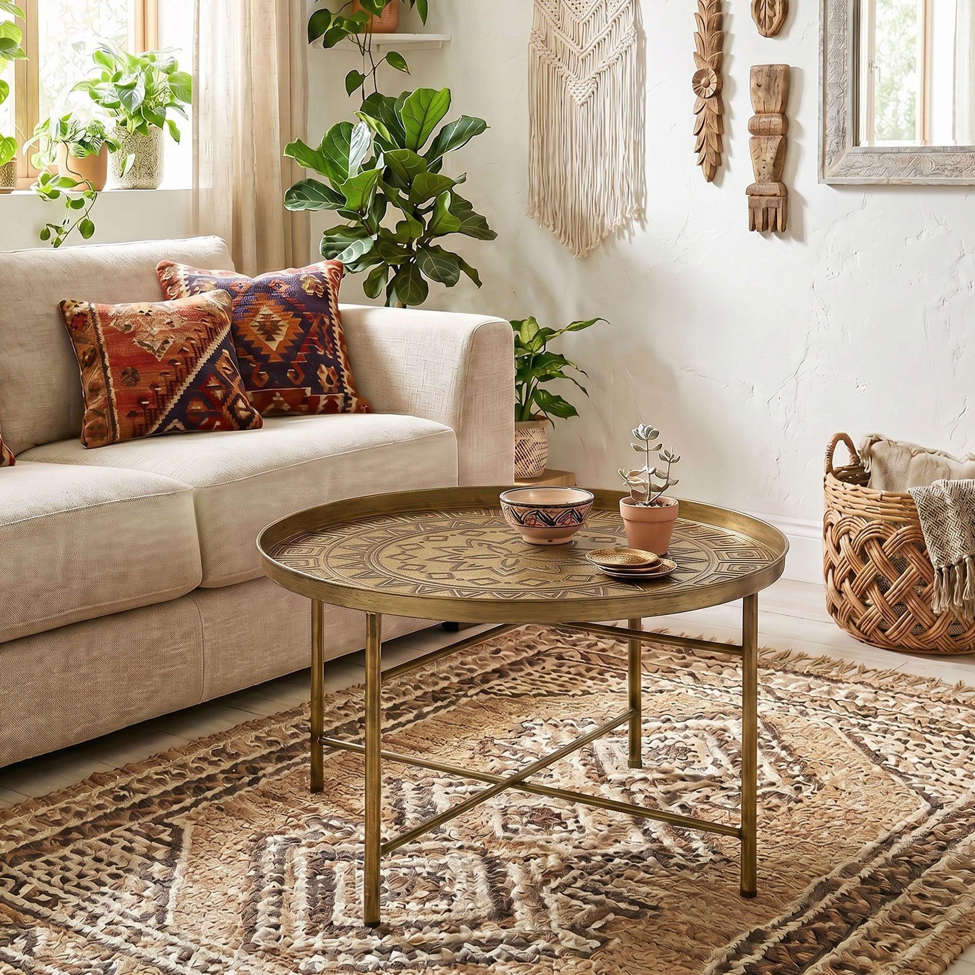 HOMCOM Coffee Table for Living Room, 24" Round Center Table with Hammered Tray Top and Metal Frame for Bedroom, Gold