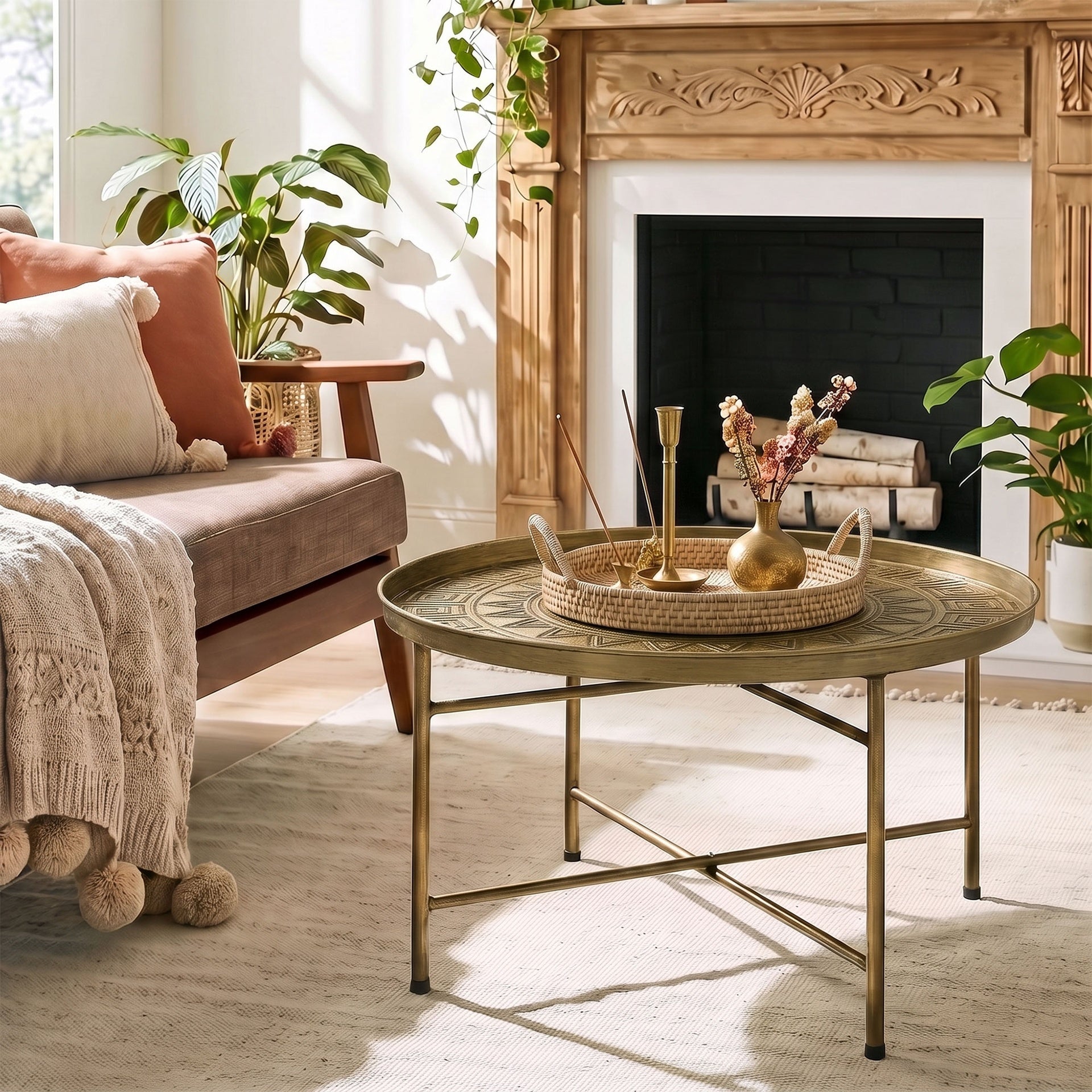 HOMCOM Coffee Table for Living Room, 24" Round Center Table with Hammered Tray Top and Metal Frame for Bedroom, Gold