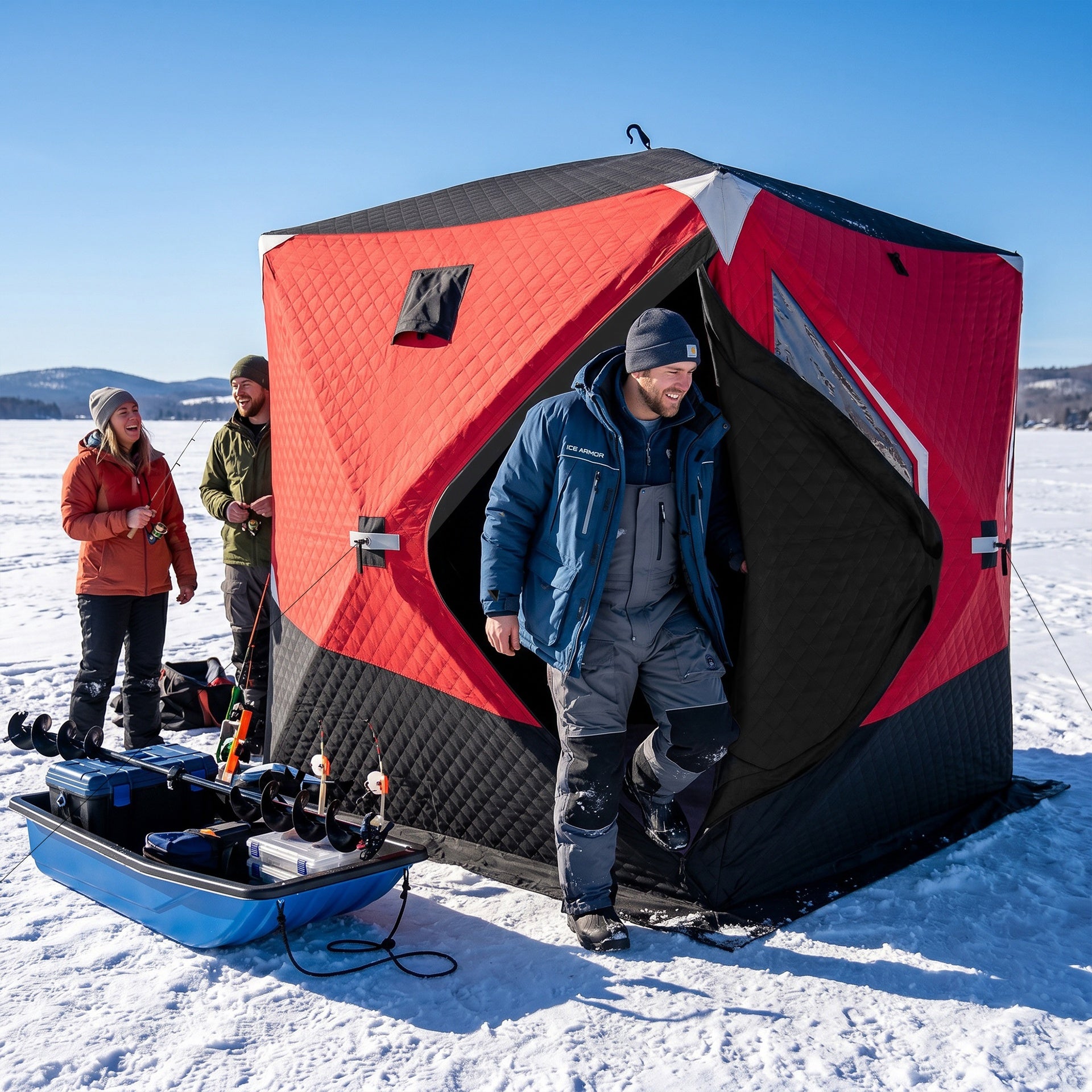 Outsunny Insulated Pop-Up Ice Fishing Tent, 3-4 Person Portable Hub Style Ice Fishing Shelter with Double Zipper Doors