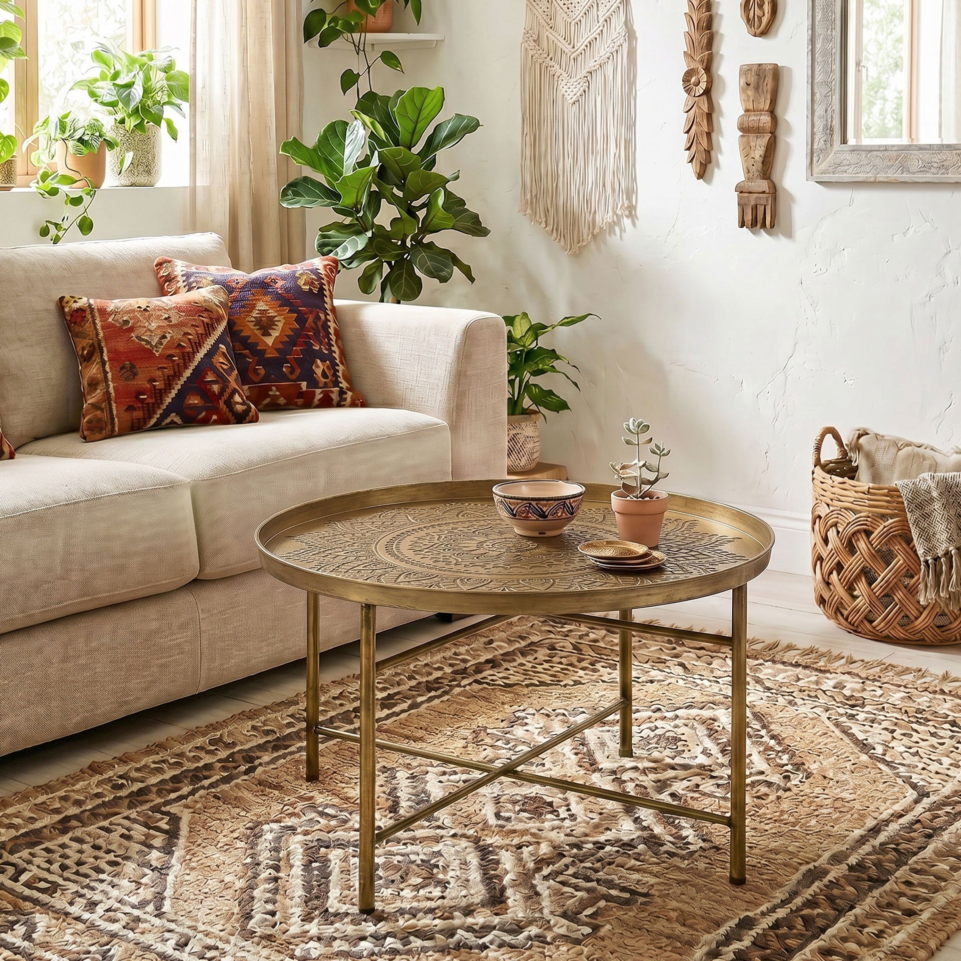 HOMCOM Coffee Table for Living Room, 24" Round Center Table with Hammered Tray Top and Metal Frame for Bedroom, Gold