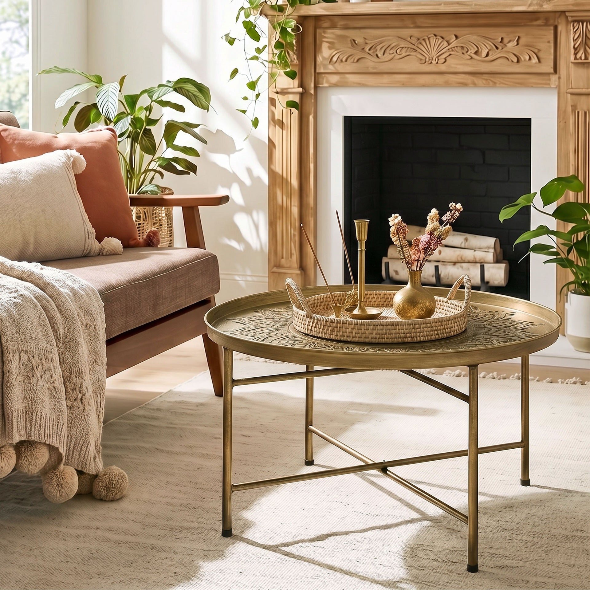 HOMCOM Coffee Table for Living Room, 24" Round Center Table with Hammered Tray Top and Metal Frame for Bedroom, Gold
