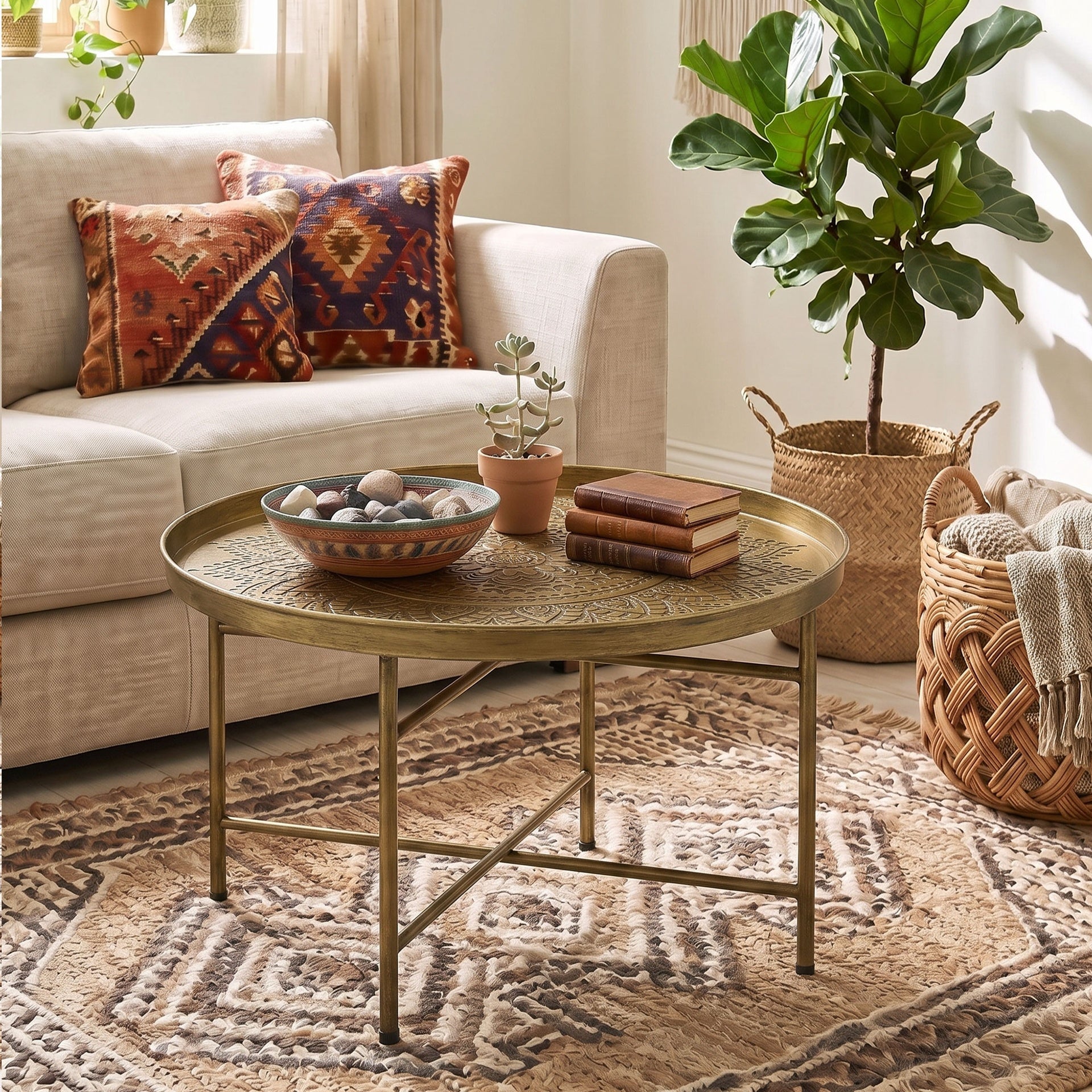 HOMCOM Coffee Table for Living Room, 24" Round Center Table with Hammered Tray Top and Metal Frame for Bedroom, Gold