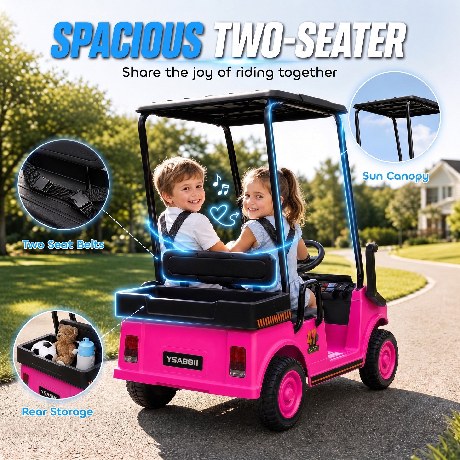 Qaba 24V Kids Golf Cart 2WD 2-Seater with Remote, Soft Start, Rear Suspension, Sunshade, Storage, Gift for 3-6 Years, Pink