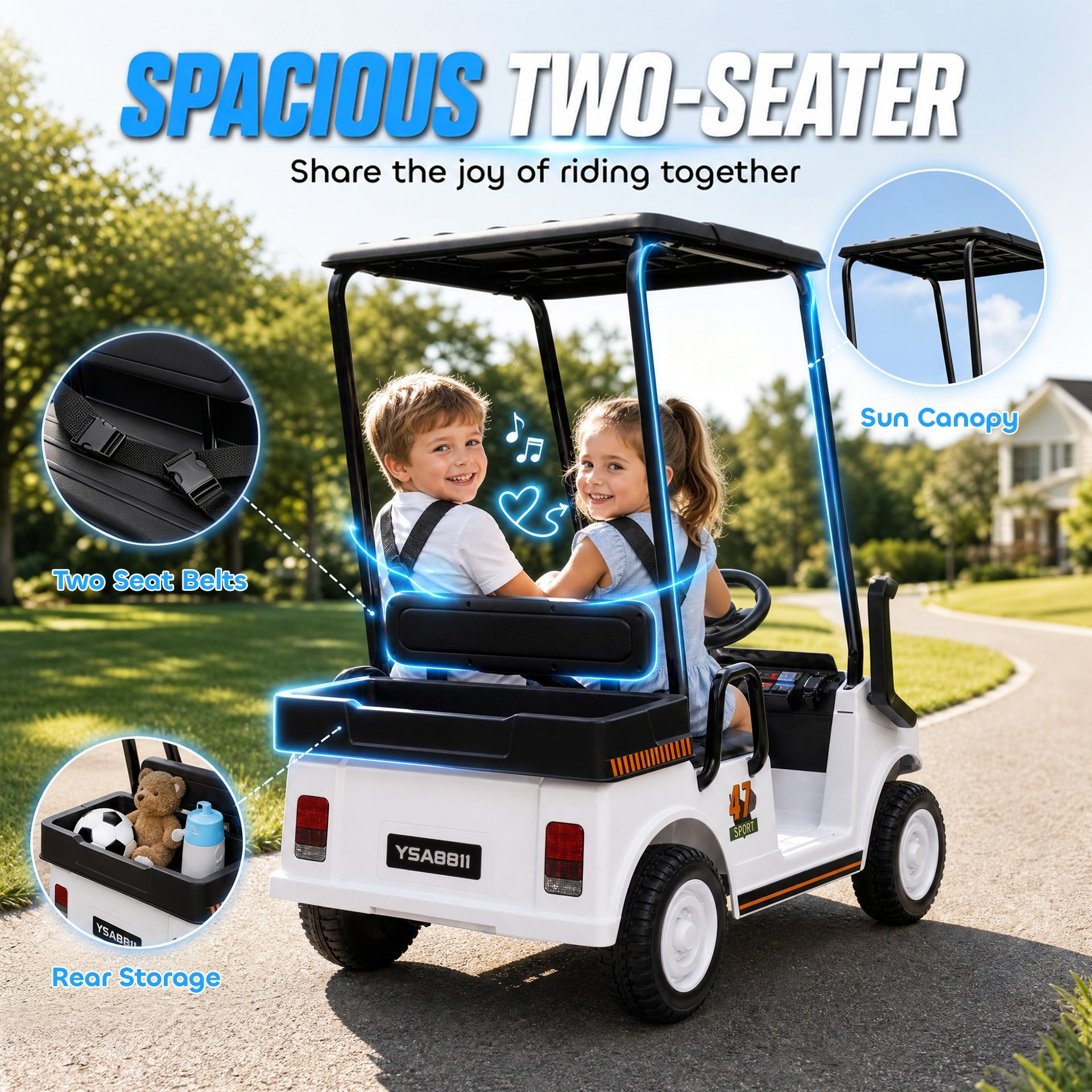 Qaba 24V Kids Golf Cart 2WD 2-Seater with Remote, Soft Start, Rear Suspension, Sunshade, Storage, Gift for 3-6 Years, White