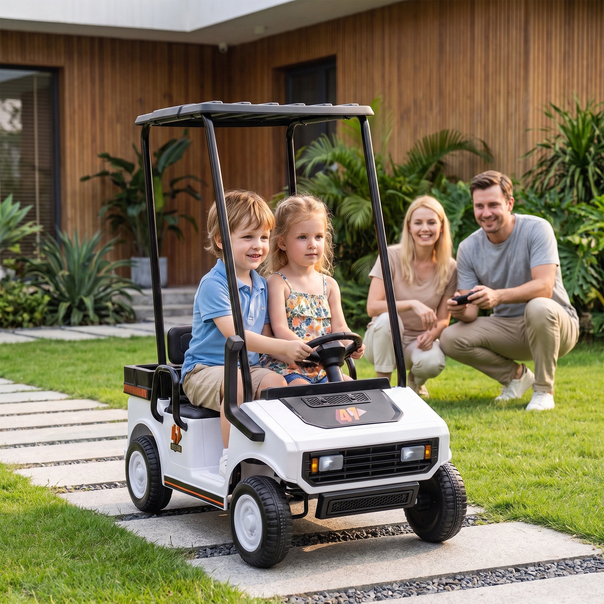 Qaba 24V Kids Golf Cart 2WD 2-Seater with Remote, Soft Start, Rear Suspension, Sunshade, Storage, Gift for 3-6 Years, White