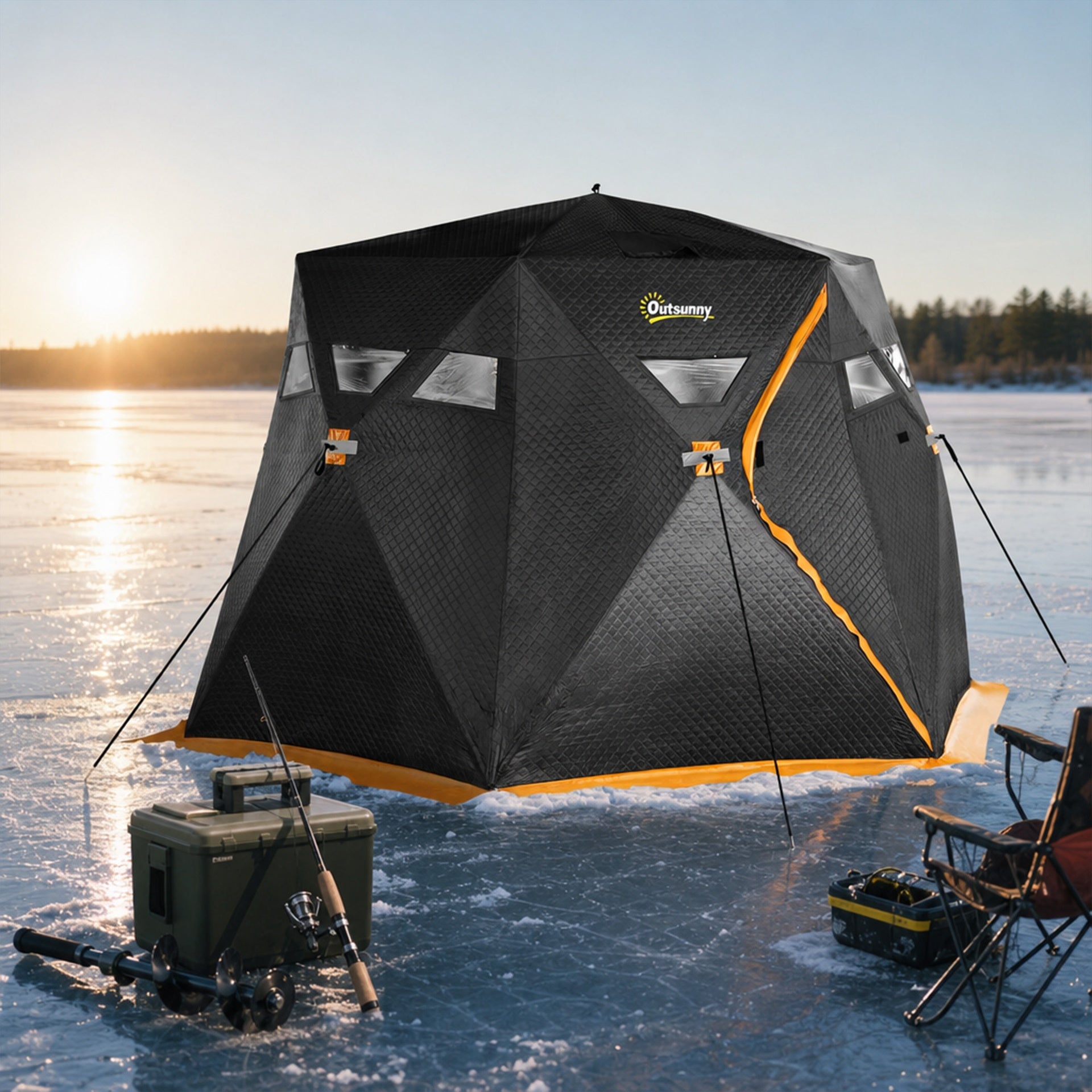 Outsunny 4 Person Insulated Pop-Up Ice Fishing Shelter, 360-Degree View, Portable Ice Fishing Tent Shanty with Carry Bag, Two Doors and Anchors for Low-Temp -22℉, Black and Orange
