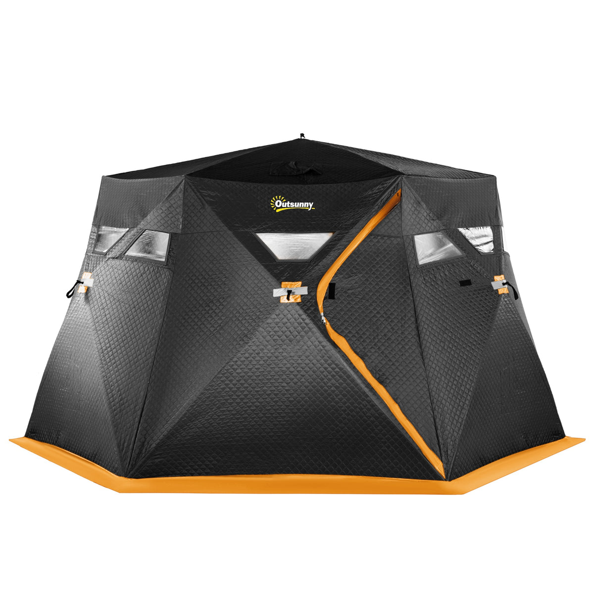 Outsunny 4 Person Insulated Pop-Up Ice Fishing Shelter, 360-Degree View, Portable Ice Fishing Tent Shanty with Carry Bag, Two Doors and Anchors for Low-Temp -22℉, Black and Orange